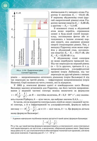 222
мінімальною й у випадку атома Гід­
рогену її значення Е1
  =  –13,55  еВ.
У  першому збудженому стані (дру­
гий енергетичний рівень) атом Гід­
рогену матиме енергію Е2
 = –3,38 еВ,
у другому — Е3
 = –1,5 еВ.
З основного стану в збуджений
атом може перейти, отримавши
ззовні в будь
-
який спосіб (напри­
клад, поглинувши фотон або зі­
ткнувшись з іншим атомом) пор­
цію енергії, яка дорівнює різниці
енергії стаціонарних рівнів. Так, у
випадку Гідрогену атом може пере­
йти у збуджений стан, поглинув­
ши енергію: Е2
 – Е1
 = 10,17 еВ, або
Е3
 – Е1
 = 12,05 еВ і т.д.
У збудженому стані електрон
не може перебувати тривалий час.
Під час переходів на перший рівень
(n
 
=  1) із другого, третього й т.
 
д.
випромінюються ультрафіолетові
промені (серія Лаймана), під час
переходів на другий рівень з вищих
рівнів  — випромінювання оптичного діапазону (серія Бальмера) й під 
час переходів на третій рівень  — інфрачервоне випромінювання (серія
Пашена). Серії названо на честь учених, які їх відкрили.
У 1885  р. вчителеві фізики однієї зі швейцарських шкіл Йогану 
 
Бальмеру вдалося встановити для Гідрогену, що його частоти випроміню­
вання у видимій частині спектра можна визначити за формулою
2 2
1 1
2
R
k
 
ν
= −
 
 
, де R — постійна величина, R
 
= 3,3 ∙ 1015
 c–1
, яку назива­
ють сталою Рідберга; k — ціле число, що набуває значень 3,4,5,
 
...
 
.
Із часом, після відкриття спектральних ліній не лише у видимій части­
ні спектра, а й в інфрачервоній та ультрафіолетовій, формула набула 
вигляду 2 2
1 1
R
n k
 
ν
= −
 
 
, де n і k — цілі числа, k
 
> n. Ця формула дістала
назву формули Бальмера1
.
1
   
У деяких навчальних посібниках можна зустріти й такий запис формули Бальмера:
2 2
1 1 1
R
n k
 
= −
 
 
λ
.
Річ у тім, що такий вигляд формули використовують у спектроскопії, коли спектральні
лінії характеризують не частотою, а величиною, оберненою довжині хвилі. Звертаємо
вашу увагу на те, що стала величина в обох випадках позначається однаково, але вона
має різне значення. У даному разі R = 1,1
∙
107
м–1
.
Мал. 194. Енергетичні рівні
в атомі Гідрогену
Е, еВ
Е3
Е2
Е1
0
Серія
Лаймана
(ультрафіолетове
випромінювання)
Серія
Бальмера
(видиме
випромінювання)
Серія
Пашена
(інфрачервоне
випромінювання)
 