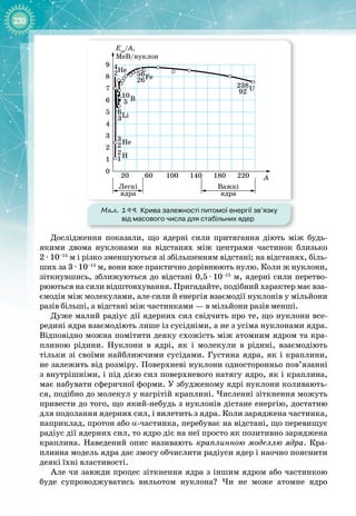 230
Дослідження показали, що ядерні сили притягання діють між будь
-
якими двома нуклонами на відстанях між центрами частинок близько
2 
·
 10–15
 м і різко зменшуються зі збільшенням відстані; на відстанях, біль­
ших за 3 
·
 10–15
 м, вони вже практично дорівнюють нулю. Коли ж нуклони,
зіткнувшись, зближуються до відстані 0,5
 · 
10–15
 м, ядерні сили перетво­
рюються на сили відштовхування. Пригадайте, подібний характер має вза­
ємодія між молекулами, але сили й енергія взаємодії нуклонів у мільйони
разів більші, а відстані між частинками — в мільйони разів менші.
Дуже малий радіус дії ядерних сил свідчить про те, що нуклони все­
редині ядра взаємодіють лише із сусідніми, а не з усіма нуклонами ядра.
Відповідно можна помітити деяку схожість між атомним ядром та кра­
плиною рідини. Нуклони в ядрі, як і молекули в рідині, взаємодіють
тільки зі своїми найближчими сусідами. Густина ядра, як і краплини,
не залежить від розміру. Поверхневі нуклони односторонньо пов’язанні
з внутрішніми, і під дією сил поверхневого натягу ядро, як і краплина,
має набувати сферичної форми. У збудженому ядрі нуклони коливають­
ся, подібно до молекул у нагрітій краплині. Численні зіткнення можуть
привести до того, що який
-
небудь з нуклонів дістане енергію, достатню
для подолання ядерних сил, і вилетить з ядра. Коли заряджена частинка,
наприклад, протон або α
-
частинка, перебуває на відстані, що перевищує
радіус дії ядерних сил, то ядро діє на неї просто як позитивно заряджена
краплина. Наведений опис називають краплинною моделлю ядра. Кра­
плинна модель ядра дає змогу обчислити радіуси ядер і наочно пояснити
деякі їхні властивості.
Але чи завжди процес зіткнення ядра з іншим ядром або частинкою
буде супроводжуватись вильотом нуклона? Чи не може атомне ядро 
Мал. 199. Крива залежності питомої енергії зв’язку
від масового числа для стабільних ядер
0
20 60 100 140 180 220
1
2
3
4
5
6
7
8
9
A
4
2 56
26
238
92
10
5
6
3
3
2
2
1
He
Fe
U
He
H
B
Li
Легкі
ядра
Eзв
/A,
MeB/нуклон
Важкі
ядра
 