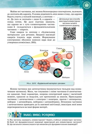 247
Майже всі частинки, які можна безпосередньо спостерігати, належать
до лептонів або адронів. Головна відмінність між ними в тому, що адрони
беруть участь у сильній взаємодії, а лептони —
ні. До того ж лептонів є лише 6, а адронів — 
понад сотню. Це  дало  підставу  вважати, 
 
що  адрони  не є  суто  елементарними  частин­
ками  й  складатються  з  фундаментальніших 
 
частинок — кварків.
Саме кварки та лептони є «будівельним
матеріалом» для речовин. Завдяки взаємодії 
кварків існують ядра атомів. Формування
електронних оболонок навколо ядра веде до
утворення атомів (мал. 205).
g
g
g g
d
d
u
d
u
g
d
u
u
g
g
Електрон
Атом Ядро атома
Нейтрон
d-кварк
u-кварк
Протон
Глюон
Мал. 205. «Будівельний матеріал» речовин
Кожна частинка має античастинку (позначається тильдою над позна­
ченням частинки). Маси, час існування і спіни частинки й античастин­
ки однакові. Інші параметри, зокрема електричний заряд і магнітний
момент, однакові за модулем, але протилежні за знаком. Прикладами
частинок і античастинок є електрон і позитрон, протон і антипротон,
нейтрон
  
і антинейтрон, нейтрино і антинейтрино. Зіткнення частинки
і античастинки приводить до їх взаємної анігіляції, внаслідок якої вони
перетворюються на інші форми матерії.
Знаю, вмію, ро
з
умію
1.
 
Яку частинку називають елементарною? Назвіть стабільні елементарні частинки.
2.
 
Який тип фундаментальної взаємодії характерний для елементарних частинок?
3.
 
Що загального можна сказати про механізм усіх фундаментальних взаємодій?
Детальніше про способи
реєстрації елементарних
частинок читайте
в електронного додатку.
 