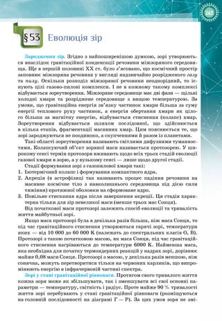 263
Еволюція зір
Зародження зір. Згідно з найпоширенішою думкою, зорі утворюють­
ся внаслідок гравітаційної конденсації речовини міжзоряного середови­
ща. Ще в першій половині ХХ ст. було з’ясовано, що космічний простір
заповнює міжзоряна речовина у вигляді надзвичайно розрідженого газу
та пилу. Оскільки розподіл міжзоряної речовини неоднорідний, то іс­
нують цілі газово
-
пилові комплекси. І не в кожному такому комплексі
відбувається зореутворення. Міжзоряне середовище має дві фази — щільні 
холодні хмари та розріджене середовище з вищою температурою. За
умови, що гравітаційна енергія зв’язку частинок хмари більша за суму
енергії теплового руху частинок, а енергія обертання хмари як ціло­
го більша за магнітну енергію, відбувається стиснення (колапс) хмар. 
Зореутворення відбувається шляхом послідовної, що здійснюється 
в кілька етапів, фрагментації масивних хмар. Цим пояснюється те, що
зорі зароджуються не поодиноко, а скупченнями й разом із планетами.
Такі області зореутворення називають світлими дифузними туманнос­
тями. Колапсуючий об’єкт зоряної маси називається протозорею. У ши­
рокому сенсі термін протозоря вживають щодо всіх трьох стадій еволюції
газової хмари в зорю, а у вузькому сенсі — лише щодо другої стадії.
Стадії формування зорі з газопилової хмари такі:
1.
	
Ізотермічний колапс і формування компактного ядра.
2.
	
Акреція (в астрофізиці так називають процес падіння речовини на 
масивне космічне тіло з навколишнього середовища під дією сили 
тяжіння) протяжної оболонки на сформоване ядро.
3.
	
Повільне стискання ядра після завершення акреції. Ця стадія харак­
терна тільки для зір невеликої маси (менше трьох мас Сонця).
Від початкової маси протозорі залежить спосіб еволюції та тривалість
життя майбутньої зорі.
Якщо маса протозорі була в декілька разів більша, ніж маса Сонця, то
під час гравітаційного стиснення утворюються гарячі зорі, температури
яких — від 10 000 до 60 000 K (належать до спектральних класів О, В).
Протозорі з такою початковою масою, як маса Сонця, під час гравітацій­
ного стиснення нагріваються до температури 6000  K. Найменша маса,
яка необхідна для початку термоядерних реакцій у надрах зорі, дорівнює
майже 0,08 маси Сонця. Протозорі з масою, у декілька разів меншою, ніж
сонячна, можуть перетворитися тільки на червоних карликів, що випро­
мінюють енергію в інфрачервоній частині спектра.
Зорі у стані гравітаційної рівноваги. Протягом свого тривалого життя
кожна зоря може як збільшувати, так і зменшувати всі свої основні па­
раметри — температуру, світність і радіус. Проте майже 90 % тривалості
життя зорі перебувають у стані гравітаційної рівноваги (розміщуються
на
 
головній послідовності на діаграмі Г
 
—
 
Р). За цих умов зоря не змі­
§53
 