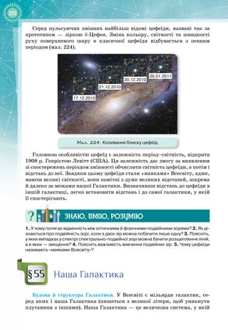 270
Серед пульсуючих змінних найбільш відомі цефеїди, названі так за
прототипом  — зіркою δ
-
Цефея. Зміна кольору, світності та швидкості 
руху поверхневого шару в класичної цефеїди відбувається з певним 
періодом (мал. 224).
Мал. 224. Коливання блиску цефеїд
17.12.2010
21.12.2010
30.12.2010
26.01.2011
Головною особливістю цефеїд є залежність період–світність, відкрита
1908 р. Генрієтою Левітт (США). Ця залежність дає змогу за виявленим
зі спостережень періодом змінності обчислити світність цефеїди, а потім і
відстань до неї. Завдяки цьому цефеїди стали «маяками» Всесвіту, адже,
маючи великі світності, вони помітні з дуже великих відстаней, зокрема
й далеко за межами нашої Галактики. Визначивши відстань до цефеїди в
іншій галактиці, легко встановити відстань і до самої галактики, у якій
її спостерігають.
Знаю, вмію, ро
з
умію
1. У чому полягає відмінність між оптичними й фізичними подвійними зорями? 2. Як ді-
знаються про подвійність зорі, коли з двох зір можна побачити лише одну? 3. Поясніть,
у яких випадках у спектрі спектрально-подвійної зорі можна бачити розщеплення ліній,
а в яких
 
— зміщення? 4. Поясніть важливість вивчення подвійних зір. 5. Чому цефеїди
називають «маяками Всесвіту»?
Н
аша Галактика
Будова й структура Галактики. У  Всесвіті є мільярди галактик, се­
ред яких і наша Галактика (пишеться з великої літери, щоб уникнути
плутанини з іншими). Наша Галактика — це величезна система, у якій
§55
 