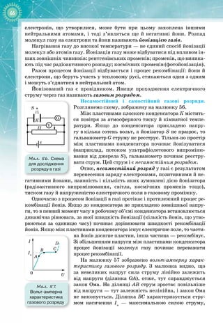 66
електронів, що утворилися, може бути при цьому захоплена іншими 
нейтральними атомами, і тоді з’являться ще й негативні йони. Розпад 
молекул газу на електрони та йони називають йонізацією газів.
Нагрівання газу до високої температури — не єдиний спосіб йонізації
молекул або атомів газу. Йонізація газу може відбуватися під впливом ін­
ших зовнішніх чинників: рентгенівських променів; променів, що виника­
ють під час радіоактивного розпаду; космічних променів (фотойонізація).
Разом процесом йонізації відбувається і процес рекомбінації: йони й
електрони, що беруть участь у тепловому русі, стикаються один з одним
і
 
можуть з’єднатися в нейтральний атом.
Йонізований газ є провідником. Явище проходження електричного
струму через газ називають газовим розрядом.
Несамостійний і самостійний газові розряди.
Розглянемо схему, зображену на малюнку 56.
Між пластинами плоского конденсатора К містить­
ся повітря за атмосферного тиску й кімнатної темпе­
ратури. Якщо до конденсатора прикладено напру­
гу в
 
кілька сотень вольт, а йонізатор S не працює, то
гальванометр G струму не реєструє. Тільки
-
но простір
між пластинами конденсатора починає йонізуватися
(напри
­
клад, потоком ультрафіолетового випроміню­
вання від джерела S), гальванометр починає реєстру­
вати струм. Цей струм і є несамостійним розрядом.
Отже, несамостійний розряд у газі є результатом
перенесення заряду електронами, позитивними й не­
гативними йонами, наявність і кількість яких зумовлені дією йонізатора
(радіоактивного випромінювання, світла, космічних променів тощо),
тиском газу й напруженістю електричного поля в газовому проміжку.
Одночасно з процесом йонізації в газі протікає і протилежний процес ре­
комбінації йонів. Якщо до конденсатора не прикладено зовнішньої напру­
ги, то в певний момент часу в робочому об’ємі конденсатора встановлюється
динамічна рівновага, за якої швидкість йонізації (кількість йонів, що утво­
рюються за одиницю часу) починає дорівнювати швидкості рекомбінації 
йонів. Якщо між пластинами конденсатора існує електричне поле, то части­
на йонів досягне пластин, інша частина — рекомбінує.
Зі збільшенням напруги між пластинами конденсатора 
процес йонізації молекул газу починає переважати 
процес рекомбінації.
На малюнку  57 зображено вольт-амперну харак-
теристику газового розряду. З малюнка видно, що
за невеликих напруг сила струму лінійно залежить
від напруги (ділянка ОА), отже, тут справджується
закон Ома. На ділянці АВ струм зростає повільніше
від напруги — тут залежність нелінійна, і закон Ома
не виконується. Ділянка ВС характеризується стру­
мом насичення Iн
  — максимальною силою струму,
Мал. 56. Схема
для дослідження
розряду в газі
П
S
ε
V
G
К
Мал. 57.
Вольт-амперна
характеристика
газового розряду
U
A
B C
D
I
Iн
0
 