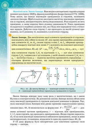 72
Магнітні сили. Закон Ампера. Взаємодію електричних струмів уперше
виявивідослідиву1820 р.французькийфізикАндреАмпер(1775–1836).
Тому закон, що описує взаємодію провідників зі струмом, називають 
законом Ампера. Щоб кількісно дослідити магнітну взаємодію провідни­
ків зі струмом, використовують метод моделювання. Розглядають не весь
провідник, а лише коротку його ділянку довжиною Δl. Увесь провідник
складається з подібних ділянок так, як і
 
будь
-
яке заряджене тіло з точко­
вих зарядів. Добуток сили струму І, що проходить по
 
малій ділянці про­
відника, на її довжину Δl, називають елементом струму.
Закон Ампера. Два нескінченно малі елементи провідників зі струмом
взаємодіють між собою із силою ΔF, яка прямо пропорційна довжинам
цих елементів Δl1
та Δl2
, силам струму в них І1
та І2
, обернено пропор­
ційна квадрату відстані між ними r2
і залежить від взаємної орієнтації
цих елементів (мал. 61, а): 1 1 2 2
0 1 2
2
sin sin
I l I l
F
r
∆ ⋅ ∆
∆ = µµ α α , де α1
 — кут
між елементом струму І1
Δ
l1
та відстанню r; α2
  — кут між елементом
струму І2
Δ
l2
і нормаллю n до площини, у якій лежать елемент І1
Δ
l1
та r;
μ0
 — магнітна стала;
 
μ — відносна магнітна проникність середовища —
скалярна фізична величина, що характеризує вплив однорідного
середо
­
вища на магнітне поле.
Мал. 61. До закону Ампера: а
 
— взаємодія елементів струму;
б
 
— взаємодія прямолінійних паралельних провідників зі струмом
I1
I1
n
F
F F
r
∆l1
α1
α2
∆l2
I2
I2
l
r
l
I1
F
F
I2
r
б
а
Закон Ампера відіграє таку саму роль у магнітостатиці, як і закон 
Кулона в електростатиці. За допомогою закону Ампера можна обчислити
силу взаємодії провідників зі струмом довільної довжини та форми. Так,
сила взаємодії (сила Ампера) між двома прямими паралельними провід­
никами (мал. 61, б) визначається за формулою: 1 2
2
oI I l
F
r
µµ
=
π
, де l — дов­
жина активної частини провідника; r — відстань між провідниками,
І1
 
і
 
І2
сили струмів, що проходять провідниками. Якщо струми паралель­
ні, то ці сили взаємодії намагаються наблизити провідники, якщо ж вони
антипаралельні, то навпаки, віддалити їх один від одного (мал. 61, б).
У СІ дану формулу було використано для означення одиниці сили 
струму — ампера.
 