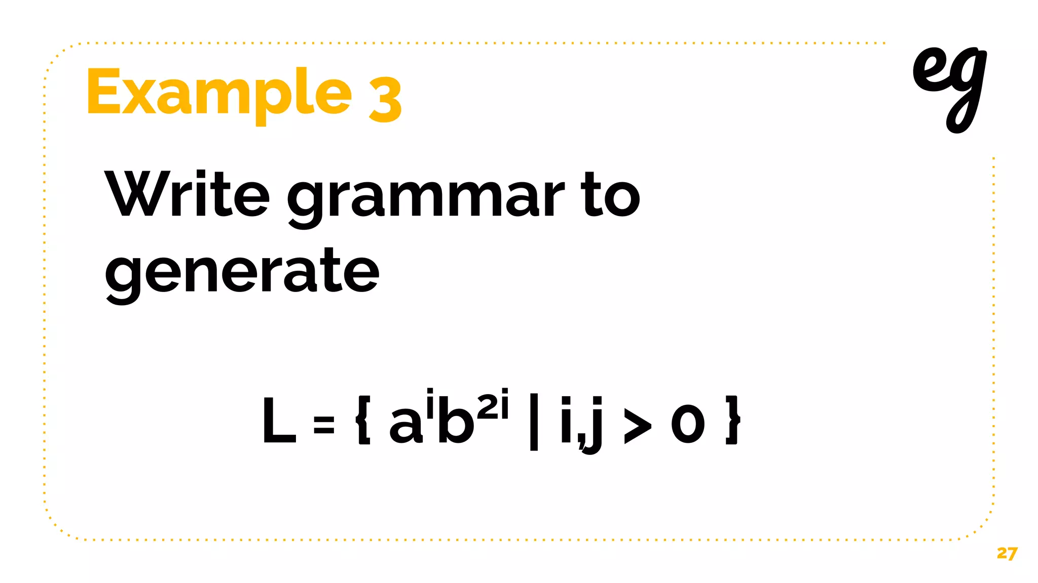Example 3
27
eg
Write grammar to
generate
L = { ai
b2i
| i,j > 0 }
 