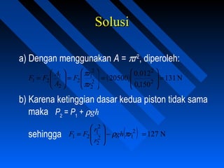 SolusiSolusi
a) Dengan menggunakan A = πr2
, diperoleh:








=





= 2
2
2
1
2
2
1
21
r
r
F
A
A
FF
π
π
( ) N131
150,0
012,0
20500 2
2
=







=
b) Karena ketinggian dasar kedua piston tidak sama
maka P2
= P1
+ ρgh
sehingga ( )2
12
2
2
1
21 rgh
r
r
FF πρ−







= N127=
 