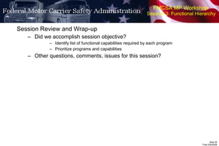 FMCSA MP Workshop  Session 3: Functional Hierarchy Session Review and Wrap-up Did we accomplish session objective? Identify list of functional capabilities required by each program Prioritize programs and capabilities Other questions, comments, issues for this session? 