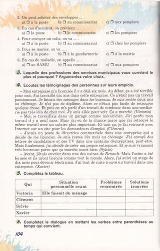 2. On peut acheter des enveloppes ....
a) □ à la poste b) □ au commissariat c) □ aux pompiers
3. En cas d’accident, on prévient ....
a) □ la poste b) □ le commissariat c) □ les pompiers
4. Pour envoyer un colis, on va ... .
a) □ à la poste b) □ au commissariat c) □ chez les pompiers
5. Pour se marier, on va ... .
a) □ à la poste b) □ à la gendarmerie c) □ à la mairie
6. En cas de maladie, on appelle ... .
a) □ au SAMU b) □ au commissariat c) □ aux pompiers
«3. Laquelle des professions des services municipaux vous convient le
plus et pourquoi ? Argumentez votre choix.
Écoutez les témoignages des personnes sur leurs emplois.
- Mon entreprise m’a licenciée il y a déjà six mois. Au début, ça a été terrible
pour moi. J’ai travaillé dix ans dans cette entreprise. Ce n’était pas un travail
passionnant. Je faisais des ménages dans les bureaux. Je suis restée deux ans
au chômage. Je n’ai pas de diplôme. Alors ce n’était pas facile de retrouver
quelque chose. Et puis on m’a parlé d’un travail de vendeuse dans une confise­
rie pas très loin de chez moi. J’y suis allée pour voir. Ça a marché. (Victoria)
- Moi, je travaillais dans un garage comme mécanicien. J’ai perdu mon
travail il y a neuf mois. Mais j’ai eu de la chance parce que j’ai retrouvé le
même travail avec un salaire plus important. Et tout ça, je l’ai retrouvé avec
Internet sur un site pour les demandeurs d’emploi. (Clément)
- J’avais un poste de directrice commerciale dans une entreprise qui a
décidé de me licencier. Je suis restée dix mois au chômage. J’ai envoyé des
lettres de candidature et des CV dans une centaine d’entreprises, peut-être.
Mais finalement, j’ai décidé de créer ma propre entreprise. Et je suis vraiment
très heureuse parce que ça marche assez bien. (Sylvie)
- Avant, j’étais ouvrier dans une des usines de Renault. Mais l’usine a été
fermée et ils m’ont licencié comme tout le monde. Alors, j’ai suivi un stage de
dix mois pour devenir électricien. J’ai tout de suite trouvé un travail dans une
entreprise. (Xavier)
5 . Complétez le tableau.
Qui
Situation
personnelle avant
Problèmes
rencontrés
Solutions
trouvées
Victoria Elle faisait du ménage
Clément
Sylvie
Xavier
6% Complétez le dialogue en mettant les verbes entre parenthèses au
temps qui convient.
№
 