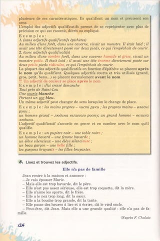 plusieurs de ses caractéristiques. Ils qualifient un nom et précisent son
sens.
L’emploi des adjectifs qualificatifs permet de se représenter avec plus de
précision ce qui est raconté, décrit ou expliqué.
E x e m p l e s :
1. (sans adjectifs qualificatifs épithètes)
Au milieu d’une forêt, dans une caverne, vivait un monstre. Il était laid ; il
avait une tête directement posée sur deux pieds, ce qui l’empêchait de courir.
2. (avec adjectifs qualificatifs)
Au milieu d’une sombre forêt, dans une caverne humide et grise, vivait un
monstre poilu. Il était laid ; il avait une tête énorme directement posée sur
deux petits pieds ridicules, ce qui l’empêchait de courir.
La plupart des adjectifs qualificatifs en fonction d’épithète se placent après
le nom qu’ils qualifient. Quelques adjectifs courts et très utilisés (grand,
gros, petit, beau...) se placent normalement avant le nom.
!!! Un adjectif de couleur se place après le nom
E x e m p l e : J ’ai croisé dimanche
Tout près de Saint-Leu
Une souris blanche
Portant un sac bleu.
Un même adjectif peut changer de sens lorsqu’on le change de place.
E x e m p 1 e : les mains propres - чисті руки ; les propres mains - власні
руки ;
un homme grand - людина великого росту; un grand homme - велика
людина.
L’adjectif qualificatif s’accorde en genre et en nombre avec le nom qu’il
qualifie.
E x e m p l e : un pupitre noir - une table noire ;
un homme bavard - une femme bavarde ;
un élève silencieux - une élève silencieuse ;
un beau garçon - une belle fille ;
les garçons bruyants - les filles bruyantes.
6 . Lisez et trouvez les adjectifs.
Elle n’a pas de famille
Jean rentre à la maison et annonce :
- Je vais épouser Marie.
- Mais elle est trop bavarde, dit le père.
- Elle n’est pas assez sérieuse, elle est trop coquette, dit la mère.
- Elle n’aime les sports, dit le frère.
- Elle a le nez trop long, dit la sœur.
- Elle a la bouche trop grande, dit la tante.
- Elle passe des heures à lire et à écrire, dit le vieil oncle.
- Peut-être, dit Jean. Mais elle a une grande qualité : elle n’a pas de fa­
mille.
D’après F. Chalais
№
 