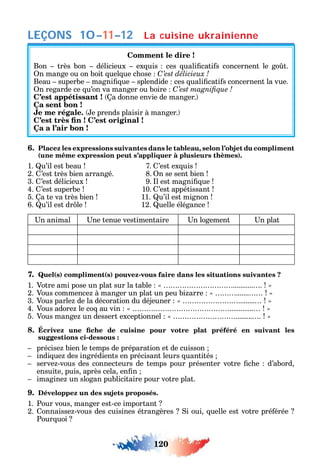 120
LEÇONS
Comment le dire !
Bon très bon délicieux ex uis ces uali cati s concernent le go t.
n mange ou on boit uel ue c ose C
Beau superbe magni ue splendide ces uali cati s concernent la vue.
n regarde ce u’on va manger ou boire C
C’est appétissant ! a donne envie de manger.
Ça sent bon !
Je me régale. e prends plaisir à manger.
Ça a l’air bon !
6. Placez les expressions suivantes dans le tableau, selon l’objet du compliment
(une même expression peut s’appliquer à plusieurs thèmes).
1. u’il est beau 7. ’est ex uis
2. ’est très bien arrangé. 8. n se sent bien
3. ’est délicieux 9. l est magni ue
4. ’est superbe 10. ’est appétissant
5. a te va très bien 11. u’il est mignon
6. u’il est dr le 12. uelle élégance
n animal ne tenue vestimentaire n logement n plat
7. Quel(s) compliment(s) pouvez-vous faire dans les situations suivantes ?
1. Votre ami pose un plat sur la table ........... .
2. Vous commence à manger un plat un peu bi arre .......
3. Vous parle de la décoration du déjeuner .........
4. Vous adore le co au vin .............
5. Vous mange un dessert exceptionnel ......... .
8.
suggestions ci-dessous :
précise bien le temps de préparation et de cuisson
indi ue des ingrédients en précisant leurs uantités
serve -vous des connecteurs de temps pour présenter votre c e d’abord
ensuite puis après cela en n
imagine un slogan publicitaire pour votre plat.
9. Développez un des sujets proposés.
1. Pour vous manger est-ce important
2. onnaisse -vous des cuisines étrangères i oui uelle est votre pré érée
Pour uoi
10–11–12 La cuisine ukrainienne
 