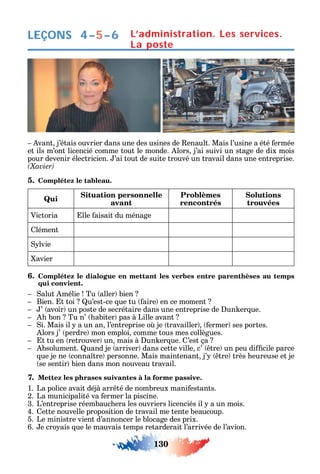 130
LEÇONS
vant j’étais ouvrier dans une des usines de enault. Mais l’usine a été ermée
et ils m’ont licencié comme tout le monde. lors j’ai suivi un stage de dix mois
pour devenir électricien. ’ai tout de suite trouvé un travail dans une entreprise.
5. Complétez le tableau.
Qui
Situation personnelle
avant
Problèmes
rencontrés
Solutions
trouvées
Victoria lle aisait du ménage
lément
lvie
avier
6. Complétez le dialogue en mettant les verbes entre parenthèses au temps
qui convient.
alut mélie Tu aller bien
Bien. t toi u’est-ce ue tu aire en ce moment
’ avoir un poste de secrétaire dans une entreprise de un er ue.
bon Tu n’ abiter pas à Lille avant
i. Mais il a un an l’entreprise o je travailler ermer ses portes.
lors j’ perdre mon emploi comme tous mes collègues.
t tu en retrouver un mais à un er ue. ’est ça
bsolument. uand je arriver dans cette ville c’ tre un peu di cile parce
ue je ne conna tre personne. Mais maintenant j’ tre très eureuse et je
se sentir bien dans mon nouveau travail.
7. Mettez les phrases suivantes à la forme passive.
1. La police avait déjà arr té de nombreux mani estants.
2. La municipalité va ermer la piscine.
3. L’entreprise réembauc era les ouvriers licenciés il a un mois.
4. ette nouvelle proposition de travail me tente beaucoup.
5. Le ministre vient d’annoncer le blocage des prix.
6. e cro ais ue le mauvais temps retarderait l’arrivée de l’avion.
L’administration. Les services.
La poste
4–5–6
 