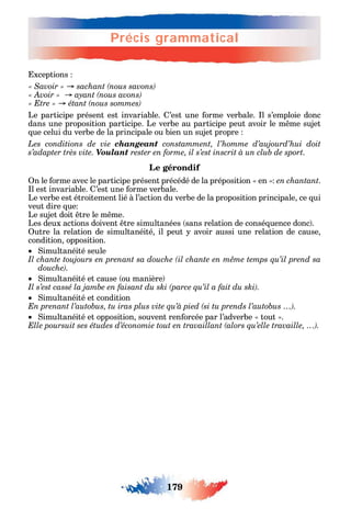 179
Précis grammatical
179
Précis grammatical
xceptions
Le participe présent est invariable. ’est une orme verbale. l s’emploie donc
dans une proposition participe. Le verbe au participe peut avoir le m me sujet
ue celui du verbe de la principale ou bien un sujet propre
Les conditions de vie changeant constamment, l’homme d’aujourd’hui doit
Voulant .
Le gérondif
n le orme avec le participe présent précédé de la préposition en en chantant.
l est invariable. ’est une orme verbale.
Le verbe est étroitement lié à l’action du verbe de la proposition principale ce ui
veut dire ue
Le sujet doit tre le m me.
Les deux actions doivent tre simultanées sans relation de consé uence donc .
utre la relation de simultanéité il peut avoir aussi une relation de cause
condition opposition.
imultanéité seule
.
imultanéité et cause ou manière
.
imultanéité et condition
.
imultanéité et opposition souvent ren orcée par l’adverbe tout .
.
 