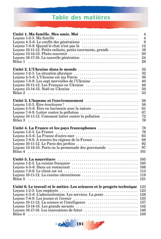 191
Table des matières
1 . . . . . . . . . . . . . . . . . . . . . . . . . . . . . 4
Leçons 1-2-3. Ma amille . . . . . . . . . . . . . . . . . . . . . . . . . . . . . . . . . . . . . . . . . 4
Leçons 4-5-6. Le con it des générations . . . . . . . . . . . . . . . . . . . . . . . . . . . . 8
Leçons 7-8-9. uand le c at n’est pas là . . . . . . . . . . . . . . . . . . . . . . . . . . . . 12
Leçons 10-11-12. Petits en ants petits tourments grands . . . . . . . . . . . . . . 16
Leçons 13-14-15. P oto-souvenir . . . . . . . . . . . . . . . . . . . . . . . . . . . . . . . . . . 20
Leçons 16-17-18. La nouvelle génération . . . . . . . . . . . . . . . . . . . . . . . . . . . . 24
Bilan 1 . . . . . . . . . . . . . . . . . . . . . . . . . . . . . . . . . . . . . . . . . . . . . . . . . . . . . . . 29
. . . . . . . . . . . . . . . . . . . . . . . . . . . . . . 32
Leçons 1-2-3. La situation p si ue . . . . . . . . . . . . . . . . . . . . . . . . . . . . . . . . 32
Leçons 4-5-6. L’ raine est ma Patrie . . . . . . . . . . . . . . . . . . . . . . . . . . . . . 36
Leçons 7-8-9. Les sept merveilles de l’ raine . . . . . . . . . . . . . . . . . . . . . . . 40
Leçons 10-11-12. Les rançais en raine . . . . . . . . . . . . . . . . . . . . . . . . . . 46
Leçons 13-14-15. o l en raine . . . . . . . . . . . . . . . . . . . . . . . . . . . . . . . . . 50
Bilan 2 . . . . . . . . . . . . . . . . . . . . . . . . . . . . . . . . . . . . . . . . . . . . . . . . . . . . . . . 53
. . . . . . . . . . . . . . . . . . . . . . . . . . 56
Leçons 1-2-3. tre écocito en . . . . . . . . . . . . . . . . . . . . . . . . . . . . . . . . . . . . 56
Leçons 4-5-6. tre en armonie avec la nature . . . . . . . . . . . . . . . . . . . . . . . 61
Leçons 7-8-9. Lutter contre la pollution . . . . . . . . . . . . . . . . . . . . . . . . . . . . . 67
Leçons 10-11-12. omment lutter contre la pollution . . . . . . . . . . . . . . . . . . 72
Bilan 3 . . . . . . . . . . . . . . . . . . . . . . . . . . . . . . . . . . . . . . . . . . . . . . . . . . . . . . . 76
. . . . . . . . . . . . . . . . . . . . 78
Leçons 1-2-3. La rance . . . . . . . . . . . . . . . . . . . . . . . . . . . . . . . . . . . . . . . . . 78
Leçons 4-5-6. La rance d’outre-mer . . . . . . . . . . . . . . . . . . . . . . . . . . . . . . . 83
Leçons 7-8-9. travers les régions de la rance . . . . . . . . . . . . . . . . . . . . . . 88
Leçons 10-11-12. Le Paris des jardins . . . . . . . . . . . . . . . . . . . . . . . . . . . . . . . 92
Leçons 13-14-15. Paris ou la promenade des gourmands . . . . . . . . . . . . . . . 97
Bilan 4 . . . . . . . . . . . . . . . . . . . . . . . . . . . . . . . . . . . . . . . . . . . . . . . . . . . . . . . 101
. . . . . . . . . . . . . . . . . . . . . . . . . . . . . . . . . . . . . . . . 105
Leçons 1-2-3. La cuisine rançaise . . . . . . . . . . . . . . . . . . . . . . . . . . . . . . . . . 105
Leçons 4-5-6. ans un restaurant . . . . . . . . . . . . . . . . . . . . . . . . . . . . . . . . . 108
Leçons 7-8-9. Le client est roi . . . . . . . . . . . . . . . . . . . . . . . . . . . . . . . . . . . . . 113
Leçons 10-11-12. La cuisine u rainienne . . . . . . . . . . . . . . . . . . . . . . . . . . . . 118
Bilan 5 . . . . . . . . . . . . . . . . . . . . . . . . . . . . . . . . . . . . . . . . . . . . . . . . . . . . . . . 121
123
Leçons 1-2-3. Les emplo és . . . . . . . . . . . . . . . . . . . . . . . . . . . . . . . . . . . . . . . 123
Leçons 4-5-6. L’administration. Les services. La poste . . . . . . . . . . . . . . . . . 128
Leçons 7-8-9. Les jeunes et l’avenir . . . . . . . . . . . . . . . . . . . . . . . . . . . . . . . . 133
Leçons 10-11-12. La science et l’intelligence . . . . . . . . . . . . . . . . . . . . . . . . . 137
Leçons 13-14-15. Les grands savants . . . . . . . . . . . . . . . . . . . . . . . . . . . . . . . 142
Leçons 16-17-18. Les innovations de utur . . . . . . . . . . . . . . . . . . . . . . . . . . . 146
Bilan 6 . . . . . . . . . . . . . . . . . . . . . . . . . . . . . . . . . . . . . . . . . . . . . . . . . . . . . . . 150
 