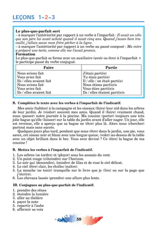 59
LEÇONS
Le plus-que-parfait sert
à mar uer l’antériorité par rapport à un verbe à l’impar ait Il avait un vélo
-
.
à mar uer l’antériorité par rapport à un verbe au passé composé
a préparé une tarte, comme elle me l’avait promis.
Formation
Le plus- ue-par ait se orme avec un auxiliaire avoir ou tre à l’impar ait
le participe passé du verbe conjugué.
Faire Partir
ous avions ait
Vous avie ait
ls elles avaient ait
ous avions ait
Vous avie ait
ls elles avaient ait
’étais parti e
Tu étais parti e
l elle on était parti e
ous étions parti e s
Vous étie parti e s
ls elles étaient parti e s
8. Complétez le texte avec les verbes à l’imparfait de l’indicatif.
Mes amis abiter à la campagne et les oiseaux aire leur nid dans les arbres
de leur jardin. e visiter souvent mes amis. uand il aire vraiment c aud
nous passer notre journée à la piscine. Ma cousine porter toujours une très
jolie bague u’elle laisser sur la table du jardin avant d’aller nager. n jour elle
est revenue elle a aperçu ue sa bague ne tre plus là. lors nous c erc er
partout mais sans succès.
uel ues jours plus tard pendant ue nous tre dans le jardin une pie vous
save cet oiseau noir et blanc avec une longue ueue voler au-dessus de la table
avec un objet brillant dans le bec. Vous ave deviné e tre la bague de ma
cousine
9. Mettez les verbes à l’imparfait de l’indicatif.
1. Les arbres se tordre et plo er sous les assauts du vent.
2. n point rouge s’éteindre sur l’ ori on.
3. Le soir ui descendre teindre de lilas et de rose le ciel délicat.
4. Le ciel tre clair les étoiles na tre .
5. La mouc e se tenir tran uille sur le livre ue je lire ou sur la page ue
j’ écrire .
6. Les c evaux lassés prendre une allure plus lente.
10. Conjuguez au plus-que-parfait de l’indicatif.
1. prendre des r nes
2. éteindre la lumière
3. aller au t é tre
4. pa er la note
5. repartir à l’aube
6. a ermir sa voix
1–2–3
 