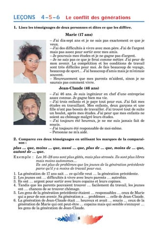 8
LEÇONS 4–5–6 Le conflit des générations
1. Lisez les témoignages de deux personnes et dites ce que les diffère.
Marie (17 ans)
’ai dix-sept ans et je ne sais pas exactement ce ue je
veux.
’ai des di cultés à vivre avec mon père. ’ai de l’argent
mais pas asse pour sortir avec mes amis.
e poursuis mes études et je ne gagne pas d’argent.
e ne sais pas ce ue je erai comme métier. ’ai peur de
mon avenir. La compétition et les conditions de travail
sont très di ciles pour moi. e ais beaucoup de vo age
beaucoup de sport ’ai beaucoup d’amis mais je m’ennuie
souvent.
eureusement ue mes parents m’aident sinon je ne
saurais pas comment vivre.
Jean-Claude (46 ans)
’ai 46 ans. e suis ingénieur en c e d’une entreprise
asse connue. e gagne bien ma vie.
’ai trois en ants et je pa e tout pour eux. ’ai ait mes
études en travaillant. Mes en ants deux garçons et une
lle n’ont pas besoin de travailler. ’ai trouvé tout de suite
un boulot après mes études. ’ai peur ue mes en ants ne
soient au c mage malgré leurs études.
’ai toujours été eureux je ne me suis jamais ait de
soucis.
’ai toujours été responsable de moi-m me.
Personne ne m’a aidé.
2. Comparez ces deux témoignages en utilisant les marques de la comparai-
son :
plus … que, moins … que, aussi … que, plus de … que, moins de … que,
autant de … que.
xemple
mais moins autonomes…
Ils
1. La génération de 17 ans sait ce u’elle veut la génération précédente.
2. Les jeunes ont di cultés à vivre avec leurs parents autre ois.
3. ls ont argent pour sortir avec leurs copains et leurs copines.
4. Tandis ue les parents pouvaient trouver acilement du travail les jeunes
ont c ances de se trouver c mage.
5. Les gens de la génération précédente étaient responsables ceux de Marie
ui a peur de son avenir. a génération a problèmes celle de ean- laude.
6. La génération de ean- laude était eureux et avait soucis ceux de la
génération de Marie ui ont peut- tre copains mais ui semble s’ennu er
les gens de la génération de ean- laude.
 