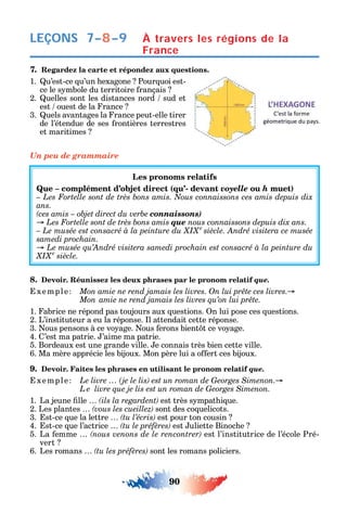 90
LEÇONS
7. Regardez la carte et répondez aux questions.
1. u’est-ce u’un exagone Pour uoi est-
ce le s mbole du territoire rançais
2. uelles sont les distances nord sud et
est ouest de la rance
3. uels avantages la rance peut-elle tirer
de l’étendue de ses rontières terrestres
et maritimes
Un peu de grammaire
Les pronoms relatifs
Que – complément d’objet direct (qu’- devant voyelle ou h muet)
ans.
connaissons)
que
e
samedi prochain.
e
8. Devoir. Réunissez les deux phrases par le pronom relatif que.
xemple
Mon
1. abrice ne répond pas toujours aux uestions. n lui pose ces uestions.
2. L’instituteur a eu la réponse. l attendait cette réponse.
3. ous pensons à ce vo age. ous erons bient t ce vo age.
4. ’est ma patrie. ’aime ma patrie.
5. Bordeaux est une grande ville. e connais très bien cette ville.
6. Ma mère apprécie les bijoux. Mon père lui a o ert ces bijoux.
9. Devoir. Faites les phrases en utilisant le pronom relatif que.
xemple
L e livre que je lis est un roman de Georges Simenon.
1. La jeune lle est très s mpat i ue.
2. Les plantes sont des co uelicots.
3. st-ce ue la lettre est pour ton cousin
4. st-ce ue l’actrice est uliette Binoc e
5. La emme est l’institutrice de l’école Pré-
vert
6. Les romans sont les romans policiers.
7–8–9 À travers les régions de la
France
 