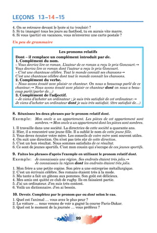 99
LEÇONS 13–14–15
4. n se retrouve devant le l cée si tu vouloir
5. i tu manger tous les jours au ast ood tu en aurais vite marre.
6. i vous partir en vacances vous m’enverre une carte postale
Un peu de grammaire
Les pronoms relatifs
Dont – il remplace un complément introduit par de.
1. Complément du nom.
C
C
2. Complément du verbe.
dont -
3. Complément de l’adjectif.
Je viens d’acheter un ordinateur dont
8. Réunissez les deux phrases par le pronom relatif dont.
xemple
1. l travaille dans une société. La directrice de cette société a uarante ans.
2. ier il a rencontré une jeune lle. l a oublié le nom
3. Vous deve écouter votre mère. Les conseils sont souvent utiles.
4. n suit une direction. n n’est pas très s r de cette direction.
5. ’est un bon résultat. ous sommes satis aits de ce résultat.
6. e sont de jeunes sporti s. ’est mon cousin ui s’occupe de ces jeunes sportifs.
9. Faites les phrases d’après l’exemple en utilisant le pronom relatif dont.
xemple
Je connaissais la région dont
1. Mon rère a une petite copine. on père a une entreprise métallurgi ue.
2. ’est un écrivain célèbre. es romans étaient très à la mode.
3. Ma tante a ait un g teau aux pommes. on go t est délicieux.
4. Mes amis ont uitté ce club de rugb . ls en aisaient partie.
5. ’ai un ordinateur. ’en suis très content.
6. Voilà un dictionnaire. ’en ai besoin.
10. Devoir. Complétez par le pronom que ou dont selon le cas.
1. uel est l’animal vous ave le plus peur
2. La voiture nous venons de voir a gagné la course Paris- a ar.
3. uel est le moment de la journée vous pré ére
 
