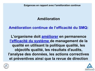 Exigences en rapport avec l’amélioration continue
Amélioration
Amélioration continue de l’efficacité du SMQ:
L'organisme doit améliorer en permanence
l'efficacité du système de management de la
qualité en utilisant la politique qualité, les
objectifs qualité, les résultats d'audits,
l'analyse des données, les actions correctives
et préventives ainsi que la revue de direction
 