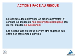 L’organisme doit déterminer les actions permettant d’
éliminer les causes de non-conformités potentielles afin
d’éviter qu’elles ne surviennent.
Les actions face au risque doivent être adaptées aux
effets des problèmes potentiels.
ACTIONS FACE AU RISQUE
 