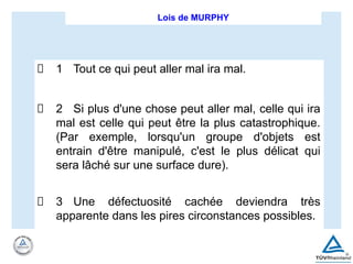 Lois de MURPHY
1 Tout ce qui peut aller mal ira mal.
2 Si plus d'une chose peut aller mal, celle qui ira
mal est celle qui peut être la plus catastrophique.
(Par exemple, lorsqu'un groupe d'objets est
entrain d'être manipulé, c'est le plus délicat qui
sera lâché sur une surface dure).
3 Une défectuosité cachée deviendra très
apparente dans les pires circonstances possibles.
 