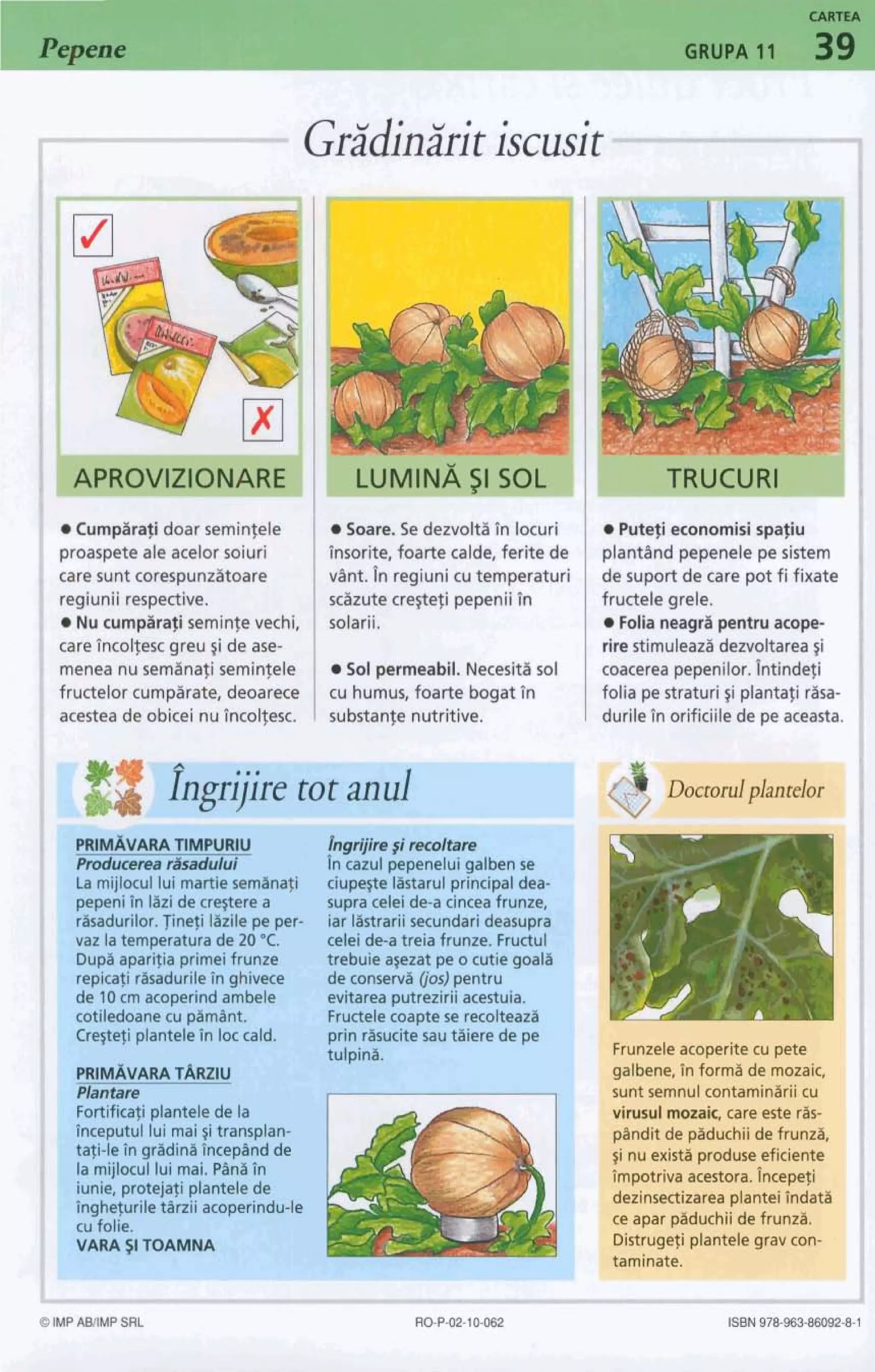 Pepene
CARTEA
GRUPA 11 39
Cump&ra# $oar seminfele
proaspeteale acekr soiuri
care sunt corespunzfitaare
regiunii raspedive.
e MYeurnpSr@ m i n 3 euechi,
caretnc&J.fe~gmu~ideam
menea nu 5h!m&nafi~minfslc
frWelor cump3r&01 rdetxm
acestea de oblcei nu tmdtm
LUMINA Sl SOL TRUCURI
aSoare. Se &miti3 in locuri
b i t e , foarte calde, ferite de
dm.I nregiuni cutemperaturi
&mte crestefi pepeniiTn
solarii.
Sd pemreebil. Necesita sol
cuhumus, foarte bogat Tn
substan%enutritive.
-
- 1 ir -
.. .
ingryire tot anlu II - - -
Sm-,! . - Incazul txpenelui aalbense
. : pepnih Bzide crqterea s w r i d e i &a cinceafrunze,
! ribdurilor. Tineti lazilemem- iar IWrarii secundarideasuwa
. ? Dup6apailiprimeifrunze tfebuie qez& peo cutiegoal3
, micatirbdurileh ahivece deconma b)m t r uI I
I
cotilealomecu phiint. FrurPelecoaptese recokeaza
, ' CregM plantaletn toc cald. prlnriiswcitesautBiere de pe
I
WM&VARAT&ZW
.w-
La mijlocullui martiesernhafl cium-ltkarulphipal dea-
vaz latmkatura de20 'c. &ti de--81treiafrunze. ~ru&ul
&10krn acaperindahhele evbrea ~ut&ziriacestuia.
Put@ eumomisjspafiu
plantand pepenelepe sistem
de suport de care pot fi fixate
fructele grele.
Folia n e a g ~penmacope-
tire stirnuleast area #i
coacereapepmilor. Tntindei
folia pestraturi # plantqi rba-
durileTn orifidik de peaceasta.
fploeputiliui mas$it r ~ n s p h
tei-le?ngWn&
la miilmculbuf mi.P8Rgh
cufolie.
tivARk9-M-
octorulplantelor
I
Frunzeleacoperitecu pete
I
galbene, Onforrni de rnozai-.
sunt sernnulcontarniniriicu
virusulmozaic, careeste ris-
pBnditde piduchiide frunzi,
~inuexist5 produseeficiente
irnpotrivaacestora. incepeti
dezinsectizarea planteiRdati
-- ---- -Z-l..-L::
l e frunza.w dpdl pdUULllll U
Distrugetiplantelegrav con-
taminate.
I -~~
OIMPABIIW SRL ROP-02-10-062 ISBN978-96346092-8-1
 