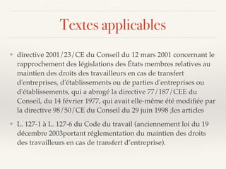 Textes applicables
❖ directive 2001/23/CE du Conseil du 12 mars 2001 concernant le
rapprochement des législations des États membres relatives au
maintien des droits des travailleurs en cas de transfert
d'entreprises, d'établissements ou de parties d'entreprises ou
d'établissements, qui a abrogé la directive 77/187/CEE du
Conseil, du 14 février 1977, qui avait elle-même été modiﬁée par
la directive 98/50/CE du Conseil du 29 juin 1998 ;les articles
❖ L. 127-1 à L. 127-6 du Code du travail (anciennement loi du 19
décembre 2003portant réglementation du maintien des droits
des travailleurs en cas de transfert d’entreprise).
 