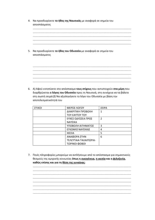 4. Να προσδιορίσετε το ήθος της Ναυσικάς με αναφορά σε σημεία του
αποσπάσματος
........................................................................................................................................
........................................................................................................................................
........................................................................................................................................
........................................................................................................................................
........................................................................................................................................
5. Να προσδιορίσετε το ήθος του Οδυσσέα με αναφορά σε σημεία του
αποσπάσματος
........................................................................................................................................
........................................................................................................................................
........................................................................................................................................
........................................................................................................................................
........................................................................................................................................
6. Α) Αφού εντοπίσετε στο απόσπασμα τους στίχους που αντιστοιχούν στα μέρη που
διαρθρώνεται ο λόγος του Οδυσσέα προς τη Ναυσικά, στη συνέχεια να τα βάλετε
στη σωστή σειρά β) Να αξιολογήσετε το λόγο του Οδυσσέα με βάση την
αποτελεσματικότητά του
ΣΤΙΧΟΙ ΜΕΡΟΣ ΛΟΓΟΥ ΣΕΙΡΑ
ΔΙΑΚΡΙΤΙΚΗ ΠΡΟΒΟΛΗ
ΤΟΥ ΕΑΥΤΟΥ ΤΟΥ
1
ΕΥΧΕΣ ΟΔΥΣΣΕΑ ΠΡΟΣ
ΝΑΥΣΙΚΑ
2
ΥΠΟΒΟΛΗ ΑΙΤΗΜΑΤΟΣ 3
ΕΓΚΩΜΙΟ ΝΑΥΣΙΚΑΣ 4
ΙΚΕΣΙΑ 5
ΑΝΑΦΟΡΑ ΣΤΗΝ
ΤΕΛΕΥΤΑΙΑ ΤΑΛΑΙΠΩΡΙΑ-
ΤΩΡΙΝΟΙ ΦΟΒΟΙ
6
7. Ποιές πληροφορίες μπορούμε να αντλήσουμε από το απόσπασμα για σημαντικούς
θεσμούς της ομηρικής κοινωνίας όπως η οικογένεια, η ικεσία και η φιλοξενία,
καθώς επίσης και για τη θέση της γυναίκας;
........................................................................................................................................
........................................................................................................................................
........................................................................................................................................
........................................................................................................................................
........................................................................................................................................
........................................................................................................................................
........................................................................................................................................
........................................................................................................................................
 