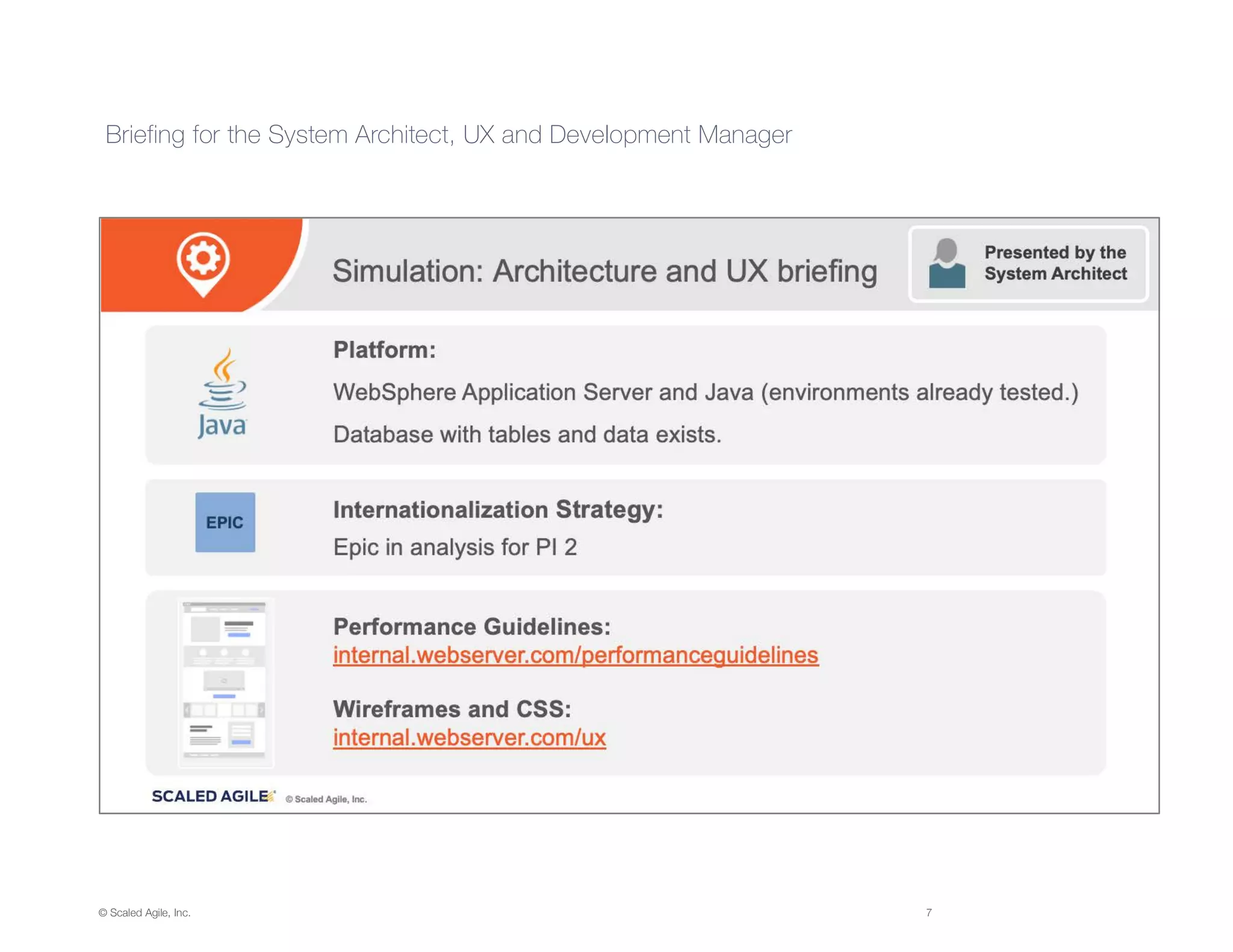 © Scaled Agile, Inc. 7
Briefing for the System Architect, UX and Development Manager
 