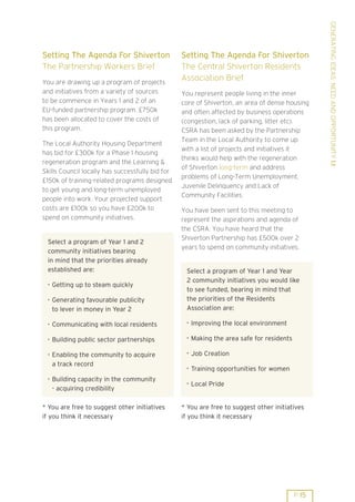GENERATING IDEAS: NEED AND OPPORTUNITY 1.1
Setting The Agenda For Shiverton                  Setting The Agenda For Shiverton
The Partnership Workers Brief                     The Central Shiverton Residents
You are drawing up a program of projects
                                                  Association Brief
and initiatives from a variety of sources         You represent people living in the inner
to be commence in Years 1 and 2 of an             core of Shiverton, an area of dense housing
EU-funded partnership program. £750k              and often affected by business operations
has been allocated to cover the costs of          (congestion, lack of parking, litter etc).
this program.                                     CSRA has been asked by the Partnership
                                                  Team in the Local Authority to come up
The Local Authority Housing Department
                                                  with a list of projects and initiatives it
has bid for £300k for a Phase 1 housing
                                                  thinks would help with the regeneration
regeneration program and the Learning &
                                                  of Shiverton long-term and address
Skills Council locally has successfully bid for
                                                  problems of Long-Term Unemployment,
£150k of training-related programs designed
                                                  Juvenile Delinquency and Lack of
to get young and long-term unemployed
                                                  Community Facilities.
people into work. Your projected support
costs are £100k so you have £200k to              You have been sent to this meeting to
spend on community initiatives.                   represent the aspirations and agenda of
                                                  the CSRA. You have heard that the
                                                  Shiverton Partnership has £500k over 2
 Select a program of Year 1 and 2
                                                  years to spend on community initiatives.
 community initiatives bearing
 in mind that the priorities already
 established are:                                  Select a program of Year 1 and Year
 . Getting up to steam quickly                     2 community initiatives you would like
                                                   to see funded, bearing in mind that
 . Generating favourable publicity                 the priorities of the Residents
   to lever in money in Year 2                     Association are:

 . Communicating with local residents              . Improving the local environment

 . Building public sector partnerships             . Making the area safe for residents

 . Enabling the community to acquire               . Job Creation
   a track record                                  . Training opportunities for women
 . Building capacity in the community
                                                   . Local Pride
   - acquiring credibility

* You are free to suggest other initiatives       * You are free to suggest other initiatives
if you think it necessary                         if you think it necessary




                                                                                          P 15
 