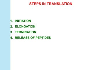 STEPS IN TRANSLATION
1. INITIATION
2. ELONGATION
3. TERMINATION
4. RELEASE OF PEPTIDES
 