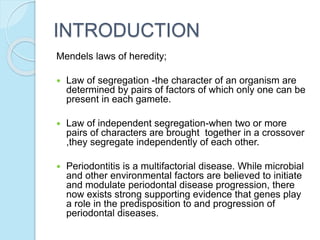 INTRODUCTION
Mendels laws of heredity;
 Law of segregation -the character of an organism are
determined by pairs of factors of which only one can be
present in each gamete.
 Law of independent segregation-when two or more
pairs of characters are brought together in a crossover
,they segregate independently of each other.
 Periodontitis is a multifactorial disease. While microbial
and other environmental factors are believed to initiate
and modulate periodontal disease progression, there
now exists strong supporting evidence that genes play
a role in the predisposition to and progression of
periodontal diseases.
 
