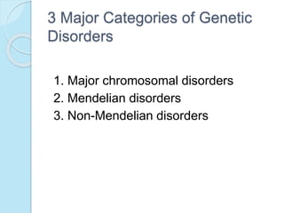 3 Major Categories of Genetic
Disorders
1. Major chromosomal disorders
2. Mendelian disorders
3. Non-Mendelian disorders
 