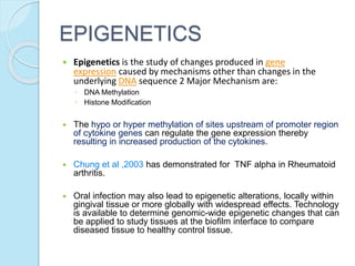 EPIGENETICS
 Epigenetics is the study of changes produced in gene
expression caused by mechanisms other than changes in the
underlying DNA sequence 2 Major Mechanism are:
◦ DNA Methylation
◦ Histone Modification
 The hypo or hyper methylation of sites upstream of promoter region
of cytokine genes can regulate the gene expression thereby
resulting in increased production of the cytokines.
 Chung et al ,2003 has demonstrated for TNF alpha in Rheumatoid
arthritis.
 Oral infection may also lead to epigenetic alterations, locally within
gingival tissue or more globally with widespread effects. Technology
is available to determine genomic-wide epigenetic changes that can
be applied to study tissues at the biofilm interface to compare
diseased tissue to healthy control tissue.
 