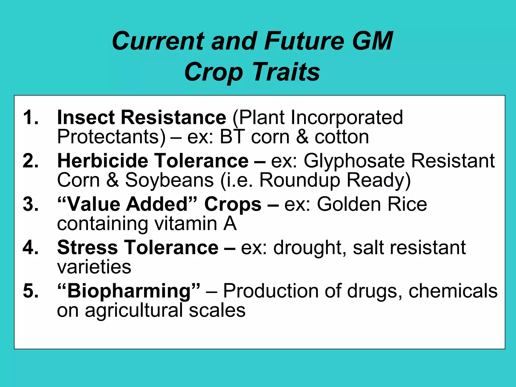 Current and Future GM
Crop Traits
1. Insect Resistance (Plant Incorporated
Protectants) – ex: BT corn & cotton
2. Herbicide Tolerance – ex: Glyphosate Resistant
Corn & Soybeans (i.e. Roundup Ready)
3. “Value Added” Crops – ex: Golden Rice
containing vitamin A
4. Stress Tolerance – ex: drought, salt resistant
varieties
5. “Biopharming” – Production of drugs, chemicals
on agricultural scales
 