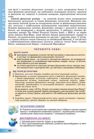 РОЗДІЛ3
102
свої	 філії	 у	 великих	 інансових центрах,	 у	 яких	 зосереджені	 банки	 й	
інші	фінансові	організації,	 о	здійснюють	міжнародні	валютні,	кредитні	
та	фінансові	дії,	операції	із	цінними	паперами,	дорогоцінними	металами	
то о.	
Ñâіòîâі ôіíàíñîâі öåíòðè	 –	 це	 зазвичай	 великі	 міста	 зосередження	
банківських	організації	та	інших	фінансових	інституцій.	Фінансові	цен-
три	мають	значний	вплив	на	котирування	валют	та	формування	ринкових	
цін,	 оскільки	 є	 найбільшими	 міжнародними	 торговими	 майданчиками.	
Основою	формування	світових	фінансових	центрів	є	діяльність	великих	
банків,	 о	зосереджені	у	великих	мегаполісах.	У	рейтингу	світових	фі-
нансових	центрів	 	 	 	 	I 	у	2018	р.	на	перше	
місце	вийшов	Нью- орк,	який	обігнав	 ондон	(минулорічного	лідера)	та	
Гонконг,	 о	розмістилися	відповідно	на	другому	і	третьому	місці.	У	п’я	тір-
ку	лідерів	увійшли	також	Сингапур	та	китайський	Шанхай.	У	топ-10	міст	
з	найінтенсивнішим	обертанням	капіталу	увійшли	також	Токіо,	Сідней,	
Пекін,	швейцарський	 юрих	і	німецький	Франкфурт.
П
 важливими складовими сучасної світової економіки є транспортно-логістич-
ні системи та інформаційно-комунікаційні технології;
 інвестиційний ринок – це сукупність економічних відносин, які складаються
між продавцями та споживачами інвестиційних товарів і послуг, та об’єктів
інвестування в усіх його формах;
 за останні десятиліття структура світових фінансових послуг зазнала знач-
них технологічних і структурних змін, що пов’язано з процесами глобалізації.
ВІД ТЕОРІЇ ДО ПРАКТИКИ
1.	Поясніть,	для	чого	Україні	потрібно	залучати	іноземний	капітал.
2.	Критеріями,	за	якими	оцінюються	міста	в	рейтингу	фінансових	центрів,	
є	 бізнес-середови е:	 політична	 стабільність	 і	 верховенство	 права,	 мак-
роекономічні	 зв’язки,	 податковий	 клімат,	 людський	 капітал,	 інфра-
структура,	розвиток	фінансового	сектору,	репутація	міста	(бренд,	рівень	
інновацій,	привабливість	та	культурний	розвиток,	«родзинка»,	яка	від-
різняє	від	інших	міст).
Як ви думаєте, чому у 2018 р. Лондон поступився першим місцем Нью-Йорку?
Столиці яких сусідніх держав України відповідають цим критеріям? Що потріб-
но змінити в столиці України, щоб увійти в 100 найбільших фінансових центрів
світу?
3.	Розробіть	проект	«Туристичний	регіон	світу:	реалії	сьогодення	і	перспек-
тиви	розвитку»	(регіон	обирайте	за	власним	вибором).
ÏÐÀÊÒÈ×ÍІ ÐÎÁÎÒÈ
8. Позначте на контурній карті (знаками руху) глобальні ланцюги доданої
вартості «видобування алюмінієвої сировини – виробництво глинозему –
виробництво первинного алюмінію – споживання алюмінію».
1. Світовий ринок патентів: лідери та аутсайдери.
2. Роль транснаціональних компаній у розвитку машинобудівних та хіміч-
них виробництв в Україні.
 