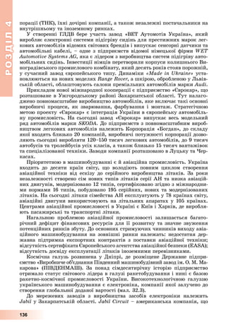 РОЗДІЛ4
136
порації	(ТНК),	їхні	дочірні	компанії,	а	також	незалежні	постачальники	на	
внутрішньому	та	іноземному	ринках.
У	створенні	Г ДВ	бере	участь	завод	«ВЕТ	Аутомотів	Україна»,	який	
виробляє	електронні	системи	підігріву	сидінь	для	престижних	марок	лег-
кових	автомобілів	відомих	світових	брендів	і	випускає	сенсорні	датчики	та	
автомобільні	кабелі,	–	одне	з	підприємств	відомої	німецької	фірми	
,	яка	є	лідером	з	виробництва	систем	підігріву	авто-
мобільних	сидінь.	Інвестиції	німців	перетворили	корпуси	колишнього	Ви-
ноградівського	промислового	комбінату,	який	десять	років	стояв	порожній,	
у	сучасний	завод	європейського	типу.	Динаміки	 	уста-
новлюються	на	нових	моделях	 ,	а	шкірою,	обробленою	у	 ьвів-
ській	області,	облаштовують	салони	преміальних	автомобілів	марки	Audi.
Прикладом	нової	міжнародної	кооперації	є	підприємство	« врокар»,	 о	
розташоване	в	Ужгородському	районі	Закарпатської	області.	Тут	налаго-
джено	повномасштабне	виробництво	автомобілів,	яке	включає	такі	основні	
виробничі	процеси,	як	зварювання,	фарбування	і	монтаж.	Стратегічною	
метою	проекту	« врокар»	є	інтеграція	України	в	європейську	автомобіль-
ну	промисловість.	На	сьогодні	завод	« врокар»	випускає	весь	модельний	
ряд	автомобілів	марки	SKODA.	До	підприємств	з	повномасштабним	вироб-
ництвом	легкових	автомобілів	належить	Корпорація	« огдан»,	до	складу	
якої	входять	близько	20	компаній,	виробничі	потужності	корпорації	дозво-
ляють	сьогодні	виробляти	120–150	тисяч	легкових	автомобілів,	до	9	тисяч	
автобусів	та	тролейбусів	усіх	класів,	а	також	близько	15	тисяч	вантажівок	
та	спеціалізованої	техніки.	Заводи	компанії	розташовано	в	 уцьку	та	 ер-
касах.
Пріоритетною	в	машинобудуванні	є	й	авіаційна	промисловість.	Україна	
входить	 до	 десяти	 країн	 світу,	 о	 володіють	 повним	 циклом	 створення	
авіаційної	 техніки	 від	 ескізу	 до	 серійного	 виробництва	 літаків.	 За	 роки	
незалежності	створено	сім	нових	типів	літаків	серії	АН	та	низка	авіацій-
	них	двигунів,	модернізовано	12	типів,	сертифіковано	згідно	з	міжнародни-
ми	нормами	16	типів,	побудо	вано	195	серійни	х,	нових	та	модернізованих	
літаків.	На	сьогодні	літаки	сімейства	АН	експлуатують	у	78	країнах	світу,	
авіаційні	двигуни	використовують	на	літальних	апаратах	у	105	країнах.	
ентрами	авіаційної	промисловості	в	Україні	є	Київ	і	Харків,	де	виробля-
ють	пасажирські	та	транс			портні	літаки.
Нагальною	 проблемою	 авіаційної	 промисловості	 залишається	 багато-
річний	дефіцит	ф		інансових	ресурсів	для	її	розвитку	та	значне	звуження	
потенційних	ринків	збуту.	До			основних	стримуючих	чинників	виходу	авіа-
ційного	машинобудування	на	зов	нішні	ринки	належать:	недостатня	дер-
жавна	 підтримка	 експортних	 контрактів	 з	 поставки	 авіаційної	 техніки 	
відсутність	сертифіката	 вропейського	агентства	авіаційної	безпеки	( S ) 	
відсутність	досвіду	експлуатації	літаків	іноземними	перевізниками.
Космічна	галузь	розвинена	у	Дніпрі,	де	розмі ене	Державне	підпри-
ємство	«Виробниче	об’єднання	Південний	машинобудівний	завод	ім.	О.	М.	Ма-
карова»	 (ПІВДЕНМАШ).	 За	 понад	 сімдесятирічну	 історію	 підприємство	
отримало	статус	світового	лідера	в	галузі	ракетобудування	і	нині	є	базою	
ракетно-космічної	промисловості	України.	Високотехнологічною	галуззю	
українського	машинобудування	є	електроніка,	компанії	якої	залучено	до	
створення	глобальної	доданої	вартості	(мал.	32.3).
До	 мережевих	 заводів	 з	 виробництва	 засобів	 електроніки	 належить	
Jabil	у	Закарпатській	області.	 	–	американська	компанія,	 о	
 