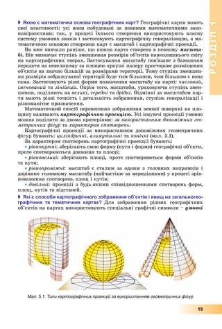 РОЗДІЛ1
19
 ко ате атична основа геогра ічни карт Географічні	карти	мають	
свої	 властивості:	 усі	 вони	 побудовані	 за	 певними	 математичними	 зако-
номірностями 	 так,	 у	 процесі	 їхнього	 створення	 використовують	 власну	
систему	умовних	знаків	і	застосовують	картографічну	генералізацію,	а	ма-
тематичною	основою	створення	карт	є	масштаб	і	картографічні	проекції.
Ви	вже	вивчали	раніше,	 о	кожна	карта	створена	в	певному	ìàñøòà-
áі.	Він	визначає	ступінь	зменшення	розмірів	об’єктів	навколишнього	світу	
на	картографічних	творах.	Застосування	масштабу	пов’язане	з	бажанням	
передати	на	невеликому	за	пло ею	аркуші	паперу	просторове	розмі ення	
об’єктів	на	значно	більшій	за	розмірами	території.	Тому	ступінь	зменшен-
ня	розмірів	зображуваної	території	буде	тим	більшим,	чим	більшою	є	вона	
сама.	Застосовують	різні	форми	позначення	масштабу	на	карті:	числовий,	
іменований	та	лінійний.	Окрім	того,	масштаби,	ураховуючи	ступінь	змен-
шення,	поділяють	на	великі,	середні	та	дрібні.	Відмінні	за	масштабом	кар-
ти	мають	різні	точність	і	детальність	зображення,	ступінь	генералізації	і	
різноманітне	призначення.
Математичний	спосіб	перенесення	зображення	земної	поверхні	на	пло-
ину	називають	êàðòîãðàôі÷íîþ ïðîåêöієþ.	Усі	існуючі	проекції	умовно	
можна	поділити	за	двома	критеріями:	за використанням до омі них гео
метричних ігур	та	характером с отворень.
Картографічні	 проекції	 за	 використанням	 допоміжних	 геометричних	
фігур	бувають:	циліндричні,	азимутальні та	конічні	(мал.	5.1).
За	характером	спотворень	картографічні	проекції	бувають:
рівнокутні:	зберігають	свою	форму	(кути	і	форми)	географічні	об’єкти,	
проте	спотворюються	довжини	та	пло і
рівновеликі:	зберігають	пло і,	проте	спотворюються	форми	об’єктів	
та	кути
рівно ромі ні:	 масштаб	 є	 сталим	 за	 одним	 з	 головних	 напрямків	 і	
дорівнює	головному	масштабу	(найчастіше	за	меридіанами)	у	процесі	зрів-
новаження	спотворень	пло 	і	кутів
довільні:	проекції	з	будь-якими	співвідношеннями	спотворень	форм,	
пло ,	кутів	та	відстаней.
 кі с осо и картогра ічного зо ра ення о ктів і яви на загальногео
гра ічни та те атични карта Для	 зображення	 різних	 географічних	
об’єктів	на	картах	використовують	спеціальні	графічні	символи	–	óìîâíі
Мал. 5.1. Типи картографічних проекцій за використанням геометричних фігур
 