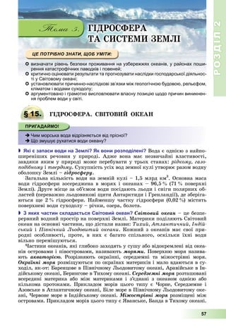 РОЗДІЛ2
57
ГІ РО ФЕРА
А Е Е І
 визначати рівень безпеки проживання на узбережжях океанів, у районах поши-
рення катастрофічних паводків і повеней;
 критично оцінювати результати та прогнозувати наслідки господарської діяльнос-
ті у Світовому океані;
 установлювати причинно-наслідкові зв’язки між геологічною будовою, рельєфом,
кліматом і водами суходолу;
 аргументовано і грамотно висловлювати власну позицію щодо причин виникнен-
ня проблем води у світі.
§ 15. ГІ РО ФЕРА. ВІ ОВ О ЕА
 Чим морська вода відрізняється від прісної?
 Що змушує рухатися води океану?
 кі за аси води на е лі к вони роз оділені Вода	є	однією	з	найпо-
ширеніших	 речовин	 у	 природі.	 Адже	 вона	 має	 незвичайні	 властивості,	
завдяки	яким	у	природі	може	перебувати	у	трьох	станах:	рідкому газо
одібному	і	твердому.	Сукупність	усіх	вод	земної	кулі	утворює	разом	водну	
оболонку	Землі	–	ãіäðîñôåðó.
Загальна	кількість	води	на	земній	кулі	–	1,5	млрд	км3
.	Основна	маса	
води	гідросфери	зосереджена	в	морях	і	океанах	–	96,5 	(71 	поверхні	
Землі).	Друге	місце	за	об’ємом	води	посідають	льоди	і	сніги	полярних	об-
ластей	(переважно	льодовикові	 ити	Антарктиди	і	Гренландії),	де	зберіга-
ються	 е	2 	гідросфери.	Найменшу	частку	гідросфери	(0,02 )	містять	
поверхневі	води	суходолу	–	річки,	озера,	болота.
 яки частин склада ться вітови океан Ñâіòîâèé îêåàí	–	це	безпе-
рервний	водний	простір	на	поверхні	Землі.	Материки	поділяють	Світовий	
океан	на	основні	частини,	 о	дістали	назви:	 ихий тлантичний ндій
ський і івнічний Льодовитий океани.	Кожний	з	океанів	має	свої	при-
родні	 особ	ливості,	 проте,	 в	 них	 є	 багато	 спільного,	 оскільки	 їхні	 води	
вільно	перемішуються.
астини	океанів,	які	глибоко	заходять	у	сушу	або	відокремлені	від	океа-
нів	островами	і	півостровами,	називають	ìîðÿìè.	Поверхню	моря	назива-
ють	 àêâàòîðієþ.	 Розрізняють	 окраїнні,	 середземні	 та	 міжострівні	 моря.	
Îêðàїííі ìîðÿ	розмі уються	по	окраїнах	материків	і	мало	вдаються	в	су-
ходіл,	як-от:	 аренцове	в	Північному	 ьодовитому	океані,	Аравійське	в	Ін-
дійському	океані,	 ерингове	в	Тихому	океані.	Ñåðåäçåìíі ìîðÿ розташовані	
всередині	 материка	 або	 між	 материками	 і	 з’єднані	 з	 океаном	 однією	 або	
кількома	 протоками.	 Прикладом	 морів	 цього	 типу	 є	 орне,	 Середземне	 і	
Азовське	в	Атлантичному	океані,	 іле	море	в	Північному	 ьодовитому	оке-
ані,	 ервоне	море	в	Індійському	океані.	Ìіæîñòðіâíі ìîðÿ розмі ені	між	
островами.	Прикладом	морів	цього	типу	є	 ванське,	 анда	в	Тихому	океані.
§ 15. ГІ РО ФЕРА. ВІ ОВ О ЕА
 Чим морська вода відрізняється від прісної?
 Що змушує рухатися води океану?
 