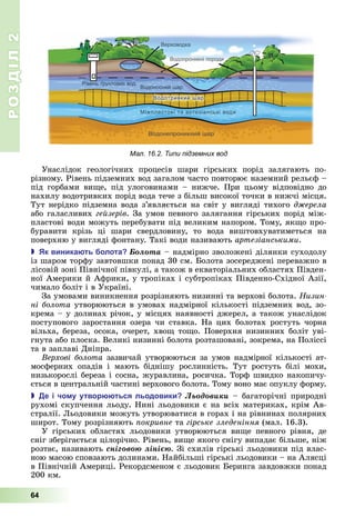 РОЗДІЛ2
64
Унаслідок	 геологічних	 процесів	 шари	 гірських	 порід	 залягають	 по-
різному.	Рівень	підземних	вод	загалом	часто	повторює	наземний	рельєф	–	
під	 горбами	 ви е,	 під	 улоговинами	 –	 нижче.	 При	 цьому	 відповідно	 до	
нахилу	водотривких	порід	вода	тече	з	більш	високої	точки	в	нижчі	місця.	
Тут	нерідко	підземна	вода	з’являється	на	світ	у	вигляді	тихого	д ерела
або	галасливих	гейзерів.	За	умов	певного	залягання	гірських	порід	між-
пластові	води	можуть	перебувати	під	великим	напором.	Тому,	як о	про-
буравити	 крізь	 ці	 шари	 свердловину,	 то	 вода	 виштовхуватиметься	 на	
поверхню	у	вигляді	фонтану.	Такі	води	називають	артезіанськими.
 к виника ть олота Áîëîòà –	надмірно	зволожені	ділянки	суходолу	
із	шаром	торфу	завтовшки	понад	30	см.	 олота	зосереджені	переважно	в	
лісовій	зоні	Північної	півкулі,	а	також	в	екваторіальних	областях	Півден-
ної	Америки	й	Африки,	у	тропіках	і	субтропіках	Південно-Східної	Азії,	
чимало	боліт	і	в	Україні.
За	умовами	виникнення	розрізняють	низинні	та	верхові	болота.	Низин
ні болота	утворюються	в	умовах	надмірної	кількості	підземних	вод,	зо-
крема	–	у	долинах	річок,	у	місцях	наявності	джерел,	а	також	унаслідок	
поступового	заростання	озера	чи	ставка.	На	цих	болотах	ростуть	чорна	
вільха,	береза,	осока,	очерет,	хво 	то о.	Поверхня	низинних	боліт	уві-
гнута	або	плоска.	Великі	низинні	болота	розташовані,	зокрема,	на	Поліссі	
та	в	заплаві	Дніпра.
ерхові болота	зазвичай	утворюються	за	умов	надмірної	кількості	ат-
мосферних	 опадів	 і	 мають	 біднішу	 рослинність.	 Тут	 ростуть	 білі	 мохи,	
низькорослі	береза	і	сосна,	журавлина,	росичка.	Торф	швидко	накопичу-
ється	в	центральній	частині	верхового	болота.	Тому	воно	має	опуклу	форму.
 е і чо у утвор ться льодовики Ëüîäîâèêè – багаторічні	 природні	
рухомі	скупчення	льоду. Нині	льодовики	є	на	всіх	материках,	крім	Ав-
стралії. ьодовики	можуть	утворюватися	в	горах	і	на	рівнинах	полярних	
широт.	Тому	розрізняють	 окривне та гірське зледеніння (мал.	16.3).
У	 гірських	 областях	 льодовики	 утворюються	 ви е	 певного	 рівня,	 де	
сніг	зберігається	цілорічно.	Рівень,	ви е	якого	снігу	випадає	більше,	ніж	
розтає,	називають	ñíіãîâîþ ëіíієþ.	Зі	схилів	гірські	льодовики	під	влас-
ною	масою	сповзають	долинами.	Найбільші	гірські	льодовики	–	на	Алясці	
в	Північній	Америці.	Рекордсменом	є	льодовик	 еринга	завдовжки	понад	
200	км.
Мал. 16.2. Типи підземних вод
 