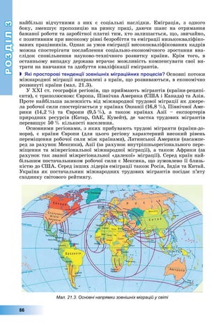 РОЗДІЛ3
86
найбільш	 відчутними	 з	 них	 є	 соціальні	 наслідки.	 Еміграція,	 з	 одного	
боку,	 зменшує	 пропозицію	 на	 ринку	 праці,	 даючи	 шанс	 на	 отримання	
бажаної	роботи	та	заробітної	платні	тим,	хто	залишається,	 о,	звичайно,	
є	позитивним	при	високому	рівні	безробіття	та	еміграції	низькокваліфіко-
ваних	працівників.	Однак	за	умов	еміграції	висококваліфікованих	кадрів	
можна	спостерігати	послаблення	соціально-економічного	зростання	вна-
слідок	 сповільнення	 науково-технічного	 розвитку	 країни.	 Крім	 того,	 в	
останньому	випадку	держава	втрачає	можливість	компенсувати	свої	ви-
трати	на	навчання	та	здобуття	кваліфікації	емігрантів.
 кі росторові тенден ії зовні ні ігра і ни ро есів Основні	потоки	
міжнародної	міграції	направлені	з	країн,	 о	розвиваються,	в економічно	
розвинуті	країни	(мал.	21.3).
У	ХХІ	ст.	географія	регіонів,	 о	приймають	мігрантів	(країни-реципі-
єнти),	є	триполюсною:	 вропа,	Північна	Америка	(США	і	Канада)	та	Азія.	
Проте	найбільша	залежність	від	міжнародної	трудової	міграції	як	джере-
ла	робочої	сили	спостерігається	у	країнах	Океанії	(16,8		 ),	Північної	Аме-
рики	 (14,2		 )	 та	 вропи	 (9,5		 ),	 а	 також	 країнах	 Азії	 –	 експортерів	
природних	ресурсів	(Катар,	ОАЕ,	Кувейт),	де	частка	трудових	мігрантів	
переви ує	50		 	кількості	населення.
Основними	регіонами,	з	яких	прибувають	трудові	мігранти	(країни-до-
нори),	 є	 країни	 вропи	 (для	 цього	 регіону	 характерний	 високий	 рівень	
перемі ення	робочої	сили	між	країнами),	 атинської	Америки	(насампе-
ред	за	рахунок	Мексики),	Азії	(за	рахунок	внутрішньорегіонального	пере-
мі ення	та	міжрегіональної	міжнародної	міграції),	а	також	Африки	(за	
рахунок	так	званої	міжрегіональної	«далекої»	міграції).	Серед	країн	най-
більшим	постачальником	робочої	сили	є	Мексика,	 о	зумовлено	її	близь-
кістю	до	США.	Серед	інших	лідерів	еміграції	також	Росія,	Індія	та	Китай.	
Україна	як	постачальник	міжнародних	трудових	мігрантів	посідає	п’яту	
сходинку	світового	рейтингу.
Мал. 21.3. Основні напрямки зовнішніх міграцій у світі
 