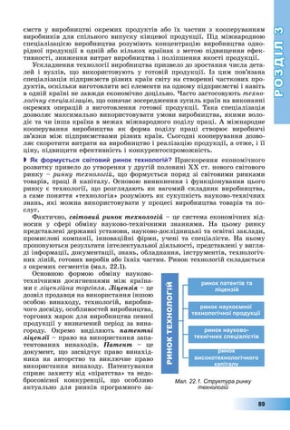 РОЗДІЛ3
89
ємств	у	виробництві	окремих	продуктів	або	їх	частин	з	кооперуванням	
виробників	для	спільного	випуску	кінцевої	продукції.	Під	міжнародною	
спеціалізацією	виробництва	розуміють	концентрацію	виробництва	одно-
рідної	продукції	в	одній	або	кількох	країнах	з	метою	підви ення	ефек-
тивності,	зниження	витрат	виробництва	і	поліпшення	якості	продукції.
Ускладнення	технології	виробництва	призвело	до	зростання	числа	дета-
лей	 і	 вузлів,	 о	 використовують	 у	 готовій	 продукції.	 Із	 цим	 пов’язана	
спеціалізація	підприємств	різних	країн	світу	на	створенні	часткових	про-
дуктів,	оскільки	виготовляти	всі	елементи	на	одному	підприємстві	і	навіть	
в	одній	країні	не	завжди	економічно	доцільно.	 асто	застосовують	техно
логічну с еціалізаці ,	 о	означає	зосередження	зусиль	країн	на	виконанні	
окремих	 операцій	 з	 виготовлення	 готової	 продукції.	 Така	 спеціалізація	
дозволяє	максимально	використовувати	умови	виробництва,	якими	воло-
діє	та	чи	інша	країна	в	межах	міжнародного	поділу	праці.	А	міжнародне	
кооперування	 виробництва	 як	 форма	 поділу	 праці	 створює	 виробничі	
зв’яз	ки	між	підприємствами	різних	країн.	Сьогодні	кооперування	дозво-
ляє	скоротити	витрати	на	виробництво	і	реалізацію	продукції,	а	отже,	і	її	
ціну,	підви ити	ефективність	і	конкурентоспроможність.
 к ор у ться світови ринок те нологі Прискорення	 економічного	
розвитку	привело	до	утворення	у	другій	половині	 	ст.	нового	світового	
ринку	–	ринку технологій,	 о	формується	поряд	зі	світовими	ринками	
товарів,	праці	й	капіталу.	Основою	виникнення	і	функціонування	цього	
ринку	є	технології,	 о	розглядають	як	вагомий	складник	виробництва,	
а	саме	поняття	«технологія»	розуміють	як	сукупність	науково-технічних	
знань,	які	можна	використовувати	у	процесі	виробництва	товарів	та	по-
слуг.
Фактично,	ñâіòîâèé ðèíîê òåõíîëîãіé	–	це	система	економічних	від-
носин	 у	 сфері	 обміну	 науково-технічними	 знаннями.	 На	 цьому	 ринку	
представлені	державні	установи,	науково-дослідницькі	та	освітні	заклади,	
промислові	компанії,	інноваційні	фірми,	учені	та	спеціалісти.	На	ньому	
пропонуються	результати	інтелектуальної	діяльності,	представлені	у	вигля-
ді	інформації,	документації,	знань,	обладнання,	інструментів,	технологіч-
них	ліній,	готових	виробів	або	їхніх	частин.	Ринок	технологій	складається	
з	окремих	сегментів	(мал.	22.1).
Основною	 формою	 обміну	 науково-
технічними	 досягненнями	 між	 країна-
ми	є	ліцензійна торгівля.	Ëіöåíçіÿ	–	це	
дозвіл	продавця	на	використання	іншою	
особою	 винаходу,	 технологій,	 виробни-
чого	досвіду,	особливостей	виробництва,	
торгових	марок	для	виробництва	певної	
продукції	у	визначений	період	за	вина-
городу.	 Окремо	 виділяють	 ïàòåíòíі
ëіöåíçії	–	право	на	використання	запа-
тентованих	 винаходів.	 Ïàòåíò	 –	 це	
документ,	 о	засвідчує	право	винахід-
ника	 на	 авторство	 та	 виключне	 право	
використання	 винаходу.	 Патентування	
сприяє	захисту	від	«піратства»	та	недо-
бросовісної	 конкуренції,	 о	 особливо	
актуально	 для	 ринків	 програмного	 за-
Мал. 22.1. Структура ринку
технологій
 