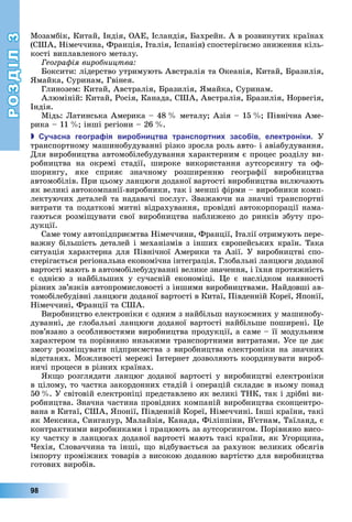 РОЗДІЛ3
98
Мозамбік,	Китай,	Індія,	ОАЕ,	Ісландія,	 ахрейн.	А	в	розвинутих	країнах	
(США,	Німеччина,	Франція,	Італія,	Іспанія)	спостерігаємо	зниження	кіль-
кості	виплавленого	металу.
еогра ія виробництва
оксити:	лідерство	утримують	Австралія	та	Океанія,	Китай,	 разилія,	
майка,	Суринам,	Гвінея.
Глинозем:	Китай,	Австралія,	 разилія,	 майка,	Суринам.
Алюміній:	Китай,	Росія,	Канада,	США,	Австралія,	 разилія,	Норвегія,	
Індія.
Мідь:	 атинська	Америка	–	48		 	металу 	Азія	–	15		 	Північна	Аме-
рика	–	11		 	інші	регіони	–	26		 .
 учасна геогра ія виро ни тва транс ортни засо ів електроніки У	
транспортному	машинобудуванні	різко	зросла	роль	авто-	і	авіабудування.	
Для	виробництва	автомобілебудування	характерним	є	процес	розділу	ви-
робництва	 на	 окремі	 стадії,	 широке	 використання	 аутсорсингу	 та	 оф-
шорингу,	 яке	 сприяє	 значному	 розширенню	 географії	 виробництва	
автомобілів.	При	цьому	ланцюги	доданої	вартості	виробництва	включають	
як	великі	автокомпанії-виробники,	так	і	менші	фірми	–	виробники	комп-
лектуючих	деталей	та	надавачі	послуг.	Зважаючи	на	значні	транспортні	
витрати	та	податкові	митні	відрахування,	провідні	автокорпорації	нама-
гаються	розмі увати	свої	виробництва	наближено	до	ринків	збуту	про-
дукції.
Саме	тому	автопідприємтва	Німеччини,	Франції,	Італії	отримують	пере-
важну	більшість	деталей	і	механізмів	з	інших	європейських	країн.	Така	
ситуація	характерна	для	Північної	Америки	та	Азії.	У	виробництві	спо-
стерігається	регіональна	економічна	інтеграція.	Глобальні	ланцюги	д	оданої	
вартості	мають	в	автомобілебудуванні	велике	значення,	і	їхня	протяжність	
є	 однією	 з	 найбільших	 у	 сучасній	 економіці.	 е	 є	 наслідком	 	наявності	
різних	зв’язків	автопромисловості	з	іншими	виробництвами.	Найдовші	ав-
томобілебудівні	ланцюги	доданої	вартості	в	Китаї,	Південній	Кореї,	 понії,	
Німеччині,	Франції	та	США.
Виробництво	електроніки є одним	з	найбільш	наукоємних	у	машинобу-
дуванні,	де	глобальні	ланцюги	доданої	вартості	найбільше	поширені.	 е	
пов’язано	з	особливостями	виробництва	продукції,	а	саме	–	її	модульним	
характером	та	порівняно	низькими	транспортними	витратами.	Усе	це	дає	
змогу	розмі увати	підприємства	з	виробництва	електроніки	на	значних	
відстанях.	Можливості	мережі	Інтернет	дозволяють	координувати	вироб-
ничі	процеси	в	різних	країнах.
к о	розглядати	ланцюг	доданої	вартості	у	виробництві	електроніки	
в	цілому,	то	частка	закордонних	стадій	і	операцій	складає	в	ньому	понад	
50		 .	У	світовій	електроніці	представлено	як	великі	ТНК,	так	і	дрібні	ви-
робництва.	Значна	частина	провідних	компаній	виробництва	сконцентро-
вана	в	Китаї,	США,	 понії,	Південній	Кореї,	Німеччині.	Інші	країни,	такі	
як	Мексика,	Сингапур,	Малайзія,	Канада,	Філіппіни,	В’єтнам,	Таїланд,	є	
контрактними	виробниками	і	працюють	за	аутсорсингом.	Порівняно	висо-
ку	частку	в	ланцюгах	доданої	вартості	мають	такі	країни,	як	Угор ина,	
ехія,	Словаччина	та	інші,	 о	відбувається	за	рахунок	великих	обсягів	
імпорту	проміжних	товарів	з	високою	доданою	вартістю	для	виробництва	
готових	виробів.
 