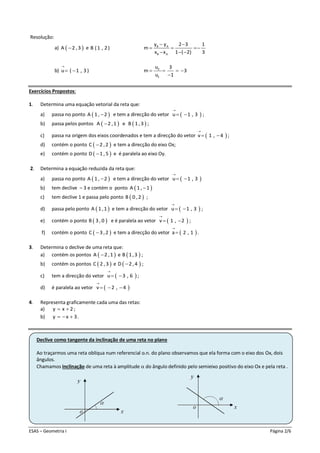 ESAS – Geometria I Página 2/6
Resolução:
a)  A 2 ,3 e B (1 , 2) B A
B A
y y 2 3 1
m
x x 1 ( 2) 3
 
  
  
b) u ( 1 , 3 )

  2
1
u 3
m 3
u 1
   

Exercícios Propostos:
1. Determina uma equação vetorial da reta que:
a) passa no ponto  A 1 , 2 e tem a direcção do vetor  u 1 , 3

  ;
b) passa pelos pontos  A 2 ,1 e  B 1 ,3 ;
c) passa na origem dos eixos coordenados e tem a direcção do vetor  v 1 , 4

  ;
d) contém o ponto  C 2 ,2 e tem a direcção do eixo Ox;
e) contém o ponto  D 1 , 5 e é paralela ao eixo Oy.
2. Determina a equação reduzida da reta que:
a) passa no ponto  A 1 , 2 e tem a direcção do vetor  u 1 , 3

 
b) tem declive – 3 e contém o ponto  A 1 , 1
c) tem declive 1 e passa pelo ponto  B 0 ,2 ;
d) passa pelo ponto  A 1 ,1 e tem a direcção do vetor  u 1 , 3

  ;
e) contém o ponto  B 3 , 0 e é paralela ao vetor  v 1 , 2

  ;
f) contém o ponto  C 3 ,2 e tem a direcção do vetor  a 2 , 1

 .
3. Determina o declive de uma reta que:
a) contém os pontos  A 2 ,1 e  B 1,3 ;
b) contém os pontos  C 2 ,3 e  D 2 ,4 ;
c) tem a direcção do vetor  u 3 , 6

  ;
d) é paralela ao vetor  v 2 , 4

  
4. Representa graficamente cada uma das retas:
a) y x 2  ;
b) y x 3   .
Declive como tangente da inclinação de uma reta no plano
Ao traçarmos uma reta oblíqua num referencial o.n. do plano observamos que ela forma com o eixo dos Ox, dois
ângulos.
Chamamos inclinação de uma reta à amplitude  do ângulo definido pelo semieixo positivo do eixo Ox e pela reta .
 