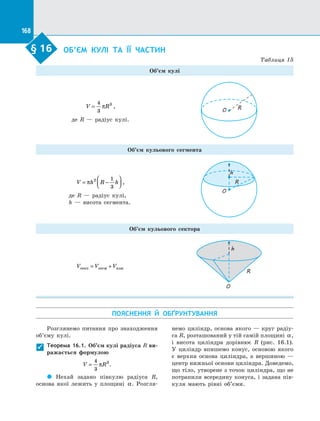 168
§ 16.   
ОБ’ЄМ КУЛІ ТА  ЇЇ ЧАСТИН
Таблиця 15
Об’єм кулі
V R
=
4
3
3
π ,
де R  — радіус кулі.
O R
Об’єм кульового сегмента
V h R h
= −






π 2 1
3
,
де R  — радіус кулі,
h  — висота сегмента.
O
R
h
Об’єм кульового сектора
V V V
сект сегм кон
= +
h
O
R
ПОЯСНЕННЯ Й  ОБҐРУНТУВАННЯ
§ 16
Розглянемо питання про знаходження
об’єму кулі.
Теорема 16.1. Об’єм кулі радіуса R ви-
ражається формулою
V R
=
4
3
3
π .
 Нехай задано півкулю радіуса R,
основа якої лежить у  площині α. Розгля­
немо циліндр, основа якого  — круг радіу­
са  R, розташований у  тій самій площині α,
і  висота циліндра дорівнює R (рис.  16.1).
У  циліндр впишемо конус, основою якого
є  верхня основа циліндра, а  вершиною  —
центр нижньої основи циліндра. Доведемо,
що тіло, утворене з  точок циліндра, що не
потрапили всередину конуса, і  задана пів­
куля мають рівні об’єми.

 