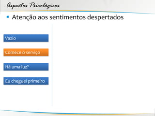 Aspectos Psicológicos
 Atenção aos sentimentos despertados

Vazio


Comece o serviço


Há uma luz?


Eu cheguei primeiro
 
