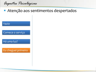 Aspectos Psicológicos
 Atenção aos sentimentos despertados

Vazio


Comece o serviço


Há uma luz?


Eu cheguei primeiro
 