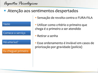 Aspectos Psicológicos
 Atenção aos sentimentos despertados
                       Sensação de revolta contra o FURA-FILA
Vazio                  Utilizar como critério o primeiro que
                      chega é o primeiro a ser atendido
Comece o serviço
                       Retirar a senha
Há uma luz?            Esse ordenamento é inviável em casos de
                      priorização por gravidade (polícia)
Eu cheguei primeiro
 