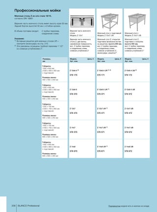 Z 10x6-4 2)
	
576 170	
Z 12x6-5
	
576 370	
Z 12x7
	
576 470	
Z 14x7
	
576 570	
Z 14x8
	
576 670	
Z 10x6-4 UR 1) 2)
	
576 171	
Z 12x6-5 UR 1)
	
576 371	
Z 12x7 UR 1)
	
576 471	
Z 14x7 UR 1)
	
576 571	
Z 14x8 UR 1)
	
576 671	
Z 10x6-4 UB 2)
	
576 172	
Z 12x6-5 UB
	
576 372	
Z 12x7 UB
	
576 472	
Z 14x7 UB
	
576 572	
Z 14x8 UB
	
576 672	
208 BLANCO Professional Подчеркнутые модели есть в наличии на складе.
Профессиональные мойки
Моечные столы Z из н/ж стали 18/10,
согласно DIN 18861
Верхняя часть моечного стола имеет высоту края 50 мм.
Задний бортик высотой 50 мм с отгибом кромки.
В объем поставки входит: 	2 трубки перелива,
соединение слива.
Указание:
1) 	Вставные решетки для моечных столов UR –
смотрите аксессуары на стр. 210.
2)	Эти раковины оснащены трубкой перелива 1 1/2
со сливным углублением 2.
Габариты:
1000 x 600 мм
(1000 x 600 x 850 мм
с ­подставкой)
Размеры ванны:
400 x 400 x 200 мм
Габариты:
1200 x 600 мм
(1200 x 600 x 850 мм
с ­подставкой)
Размеры ванны:
500 x 400 x 250 мм
Габариты:
1200 x 700 мм
(1200 x 700 x 850 мм
с ­подставкой)
Размеры ванны:
500 x 500 x 250 мм
Габариты:
1400 x 700 мм
(1400 x 700 x 850 мм
с ­подставкой)
Размеры ванны:
600 x 500 x 250 мм
Габариты:
1400 x 800 мм
(1400 x 800 x 850 мм
с ­подставкой)
Размеры ванны:
600 x 600 x 300 мм
Верхняя часть моечного
стола Z, две ванны,
нерифленая поверхность,
вкл. 2 трубки перелива,
и соединение слива,
сливное углубление 2
Верхняя часть моечного
стола
Модель Z 12x7
Модель 	 Цена, €
Арт. ном.
Размеры,
мм
Моечный стол Z, открытая
подставка (возможна встав-
ка решетки), высота 850 мм,
вкл. 2 трубки перелива,
и соединение слива,
сливное углубление 2,
аксессуары: решетка1)
Моечный стол с подставкой
Модель Z 12x7/ UR
Модель 	 Цена, €
Арт. ном.
Моечный стол Z,
подставка с кожухом,
высота 850 мм,
вкл. 2 трубки перелива,
и соединение слива,
сливное углубление 2
Моечный стол с
Модель Z 12x7/ UB
Модель 	 Цена, €
Арт. ном.
 