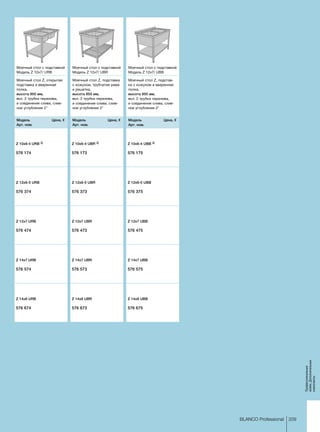 Z 10x6-4 URB 2)
	
576 174	
Z 12x6-5 URB
	
576 374	
Z 12x7 URB
	
576 474	
Z 14x7 URB
	
576 574	
Z 14x8 URB
	
576 674	
Z 10x6-4 UBR 2)
	
576 173	
Z 12x6-5 UBR
	
576 373	
Z 12x7 UBR
	
576 473	
Z 14x7 UBR
	
576 573	
Z 14x8 UBR
	
576 673	
Z 10x6-4 UBB 2)
	
576 175	
Z 12x6-5 UBB
	
576 375	
Z 12x7 UBB
	
576 475	
Z 14x7 UBB
	
576 575	
Z 14x8 UBB
	
576 675	
209BLANCO Professional
Профессиональ­ные­
мойки,Дополнительные­
компоненты
Моечный стол Z, открытая
подставка и вваренная
полка,
высота 850 мм,
вкл. 2 трубки перелива,
и соединение слива, слив-
ное углубление 2
Моечный стол с подставкой
Модель Z 12x7/ URB
Модель 	 Цена, €
Арт. ном.
Моечный стол Z, подставка
с кожухом, трубчатая рама
и решетка,
высота 850 мм,
вкл. 2 трубки перелива,
и соединение слива, слив-
ное углубление 2
Моечный стол с подставкой
Модель Z 12x7/ UBR
Модель 	 Цена, €
Арт. ном.
Моечный стол Z, подстав-
ка с кожухом и вваренная
полка,
высота 850 мм,
вкл. 2 трубки перелива,
и соединение слива, слив-
ное углубление 2
Моечный стол с подставкой
Модель Z 12x7/ UBB
Модель 	 Цена, €
Арт. ном.
 
