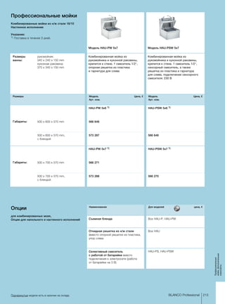 HAU-PW 5x6 1) HAU-PSW 5x6 1)
566 646
573 287 566 648
HAU-PW 5x7 1) HAU-PSW 5x7 1)
566 271
573 288 566 270
213BLANCO Professional
Профессиональ­ные­
мойки,Дополнительные­
компоненты
Подчеркнутые модели есть в наличии на складе.
Профессиональные мойки
Комбинированные мойки из н/ж стали 18/10
Настенное исполнение
Указание:
1) 	Поставка в течение 3 дней.
Модель HAU-PW 5x7 Модель HAU-PSW 5x7
Размеры
ванны:
рукомойник:
340 x 240 x 150 mm
кухонная раковина:
370 x 340 x 150 mm
Комбинированная мойка из ­
рукомойника и кухонной раковины,
крепится к стене, 1 смеситель 1/2,
опорная решетка из пластика ­
и гарнитура для слива	
Комбинированная мойка из ­
рукомойника и кухонной раковины,
крепится к стене, 1 смеситель 1/2,
сенсорный смеситель, а также ­
решетка из пластика и гарнитура ­
для слива, подключение сенсорного ­
смесителя: 230 В
Размеры Модель
Арт. ном.
Цена, € Модель
Арт. ном.
Цена, €
Габариты: 500 x 600 x 570 mm
500 x 600 x 570 mm,
с блендой
Габариты: 500 x 700 x 570 mm
500 x 700 x 570 mm,
с блендой
Опции
для комбинированных моек,
Опции для напольного и настенного исполнений
Наименование Для моделей цена, €
Съемная бленда Все HAU-P, HAU-PW
Откидная решетка из н/ж стали
(вместо опорной решетки из пластика,
упор слева
Все HAU
Селективный смеситель
с работой от батарейки вместо
подключения к электросети (работа
от батарейки на 3 В)
HAU-PS, HAU-PSW
 