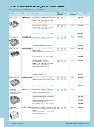 400 x 320 x 170
340 x 240 x 150
 1 1/2 506 300
400 x 320 x 170
340 x 240 x 150
1 1/2 203 812
223 063
400 x 320 x 200
340 x 240 x 150
1 1/2 507 010
223 063
550 x 450 x 150
500 x 300 x 150
1 1/2 505 170
223 063
550 x 450 x 150
500 x 300 x 150
1 1/2 505 821
137 277
550 x 450 x 200
500 x 300 x 150
1 1/2 507 009
223 063
400 x 320 x 200
340 x 240 x 150
1 1/2
566 228
573 966
223 063
550 x 450 x 330
500 x 300 x 150
1 1/2 566 230
214 BLANCO Professional Подчеркнутые модели есть в наличии на складе.
Профессиональные мойки Модель W/WB/WBS/HW-K
Рукомойники с консолями/ бленды ванн из н/ж стали 18/10
Иллюстрация Модель Наименование Габариты/размеры
ванны, мм
Сливное
­углубление
Арт. ном. Цена, €
W 4 x 3,2 x 1,5 W 4 x 3,2 x 1,5 Рукомойник с приваренными треугольны-
ми консолями,
кромки с трех сторон высотой 30 мм,
задний бортик высотой 20 мм
Рукомойник без консолей,
кромки с трех сторон высотой 30 мм,
задний бортик высотой 20 мм
Спускной/перепускной вентиль 1 1/2
WB 4 x 3,2 x 1,5 WB 4 x 3,2 x 1,5 Рукомойник с кожухом с трех сторон,
задний бортик высотой 20 мм
Спускной/перепускной вентиль 1 1/2
W 5,5 x 4,5 x 1,5 W 5,5 x 4,5 x 1,5 Рукомойник с приваренными треугольны-
ми консолями,
кромки со всех сторон высотой 30 мм
Спускной/перепускной вентиль 1 1/2
Рукомойник без консолей,
без перепускного углубления,
кромки с трех сторон высотой 30 мм,
задний бортик высотой 38 мм,
с крановым отверстием 28 мм
Вентиль-заглушка 1 1/2
WB 5,5 x 4,5 x 1,5 WB 5,5 x 4,5 x 1,5 Рукомойник с кожухом с трех сторон,
кромки со всех сторон высотой 30 мм
Спускной/перепускной вентиль 1 1/2
Рукомойник
WBS 4 x 3,2 x 1,5
с селективно управ-
ляемой арматурой
WBS 4 x 3,2 x 1,5 Рукомойник с кожухом с трех сторон,
кромки с трех сторон высотой 30 мм,
задний бортик высотой 20 мм
селективно управляемая арматура 1/2
(подключение 230 В)
с селективным смесителем с работой от
батарейки (батарейка на 3 В)
Спускной/перепускной вентиль 1 1/2
Рукомойник
HW-K 5,5 x 4,5 x 1,5
HW-K 5,5 x 4,5 x 1,5 Рукомойник с кожухом с трех сторон, вкл.
кран 1/2 с механическим коленным управ-
лением,
кромки со всех сторон высотой 30 мм,
вкл. спускной вентиль
 